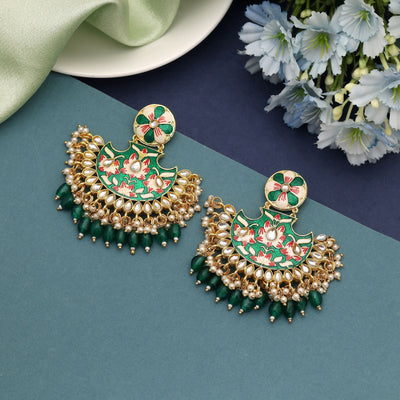 Green Color Meenakari Earrings Showcasing Traditional Enamel Craftsmanship For Graceful Ethnic Fashion