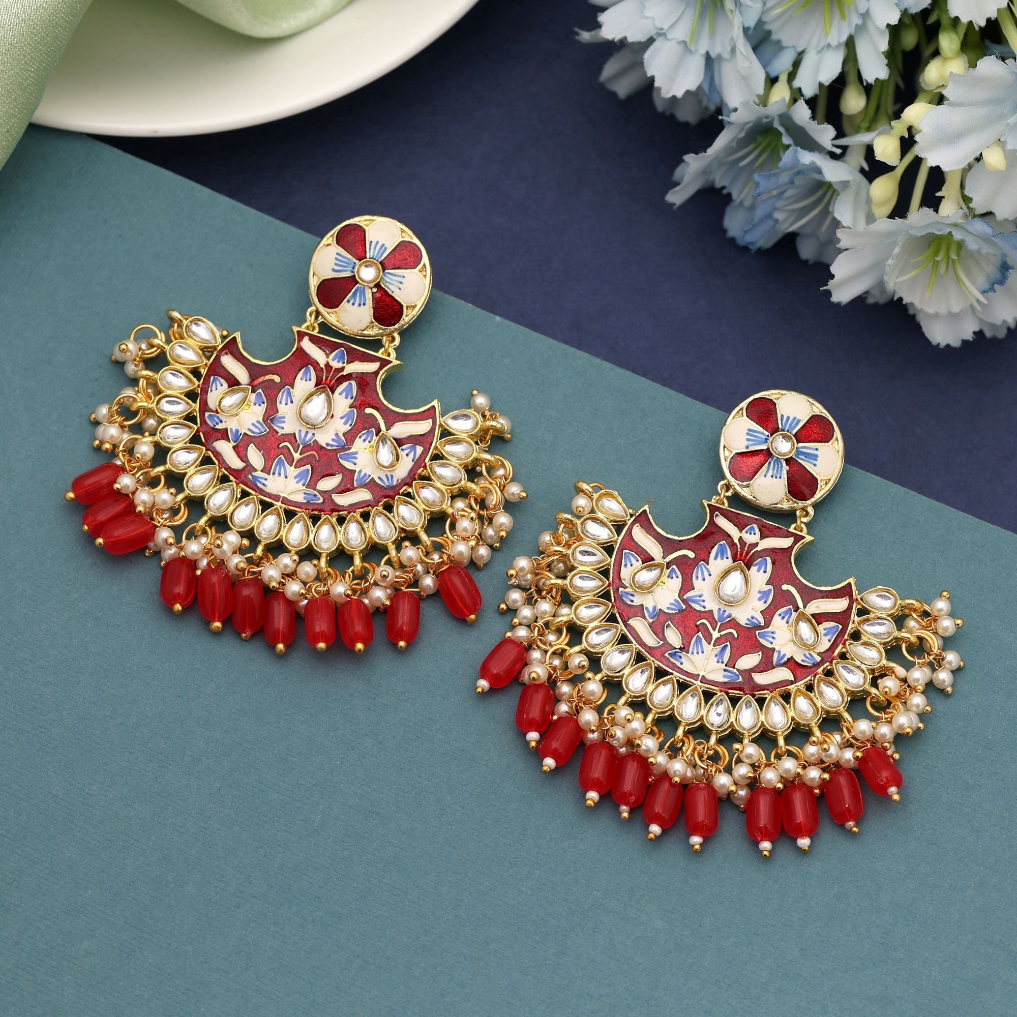 Red Color Meenakari Earrings Created To Add Bold Charm To Weddings And Festive Outfits