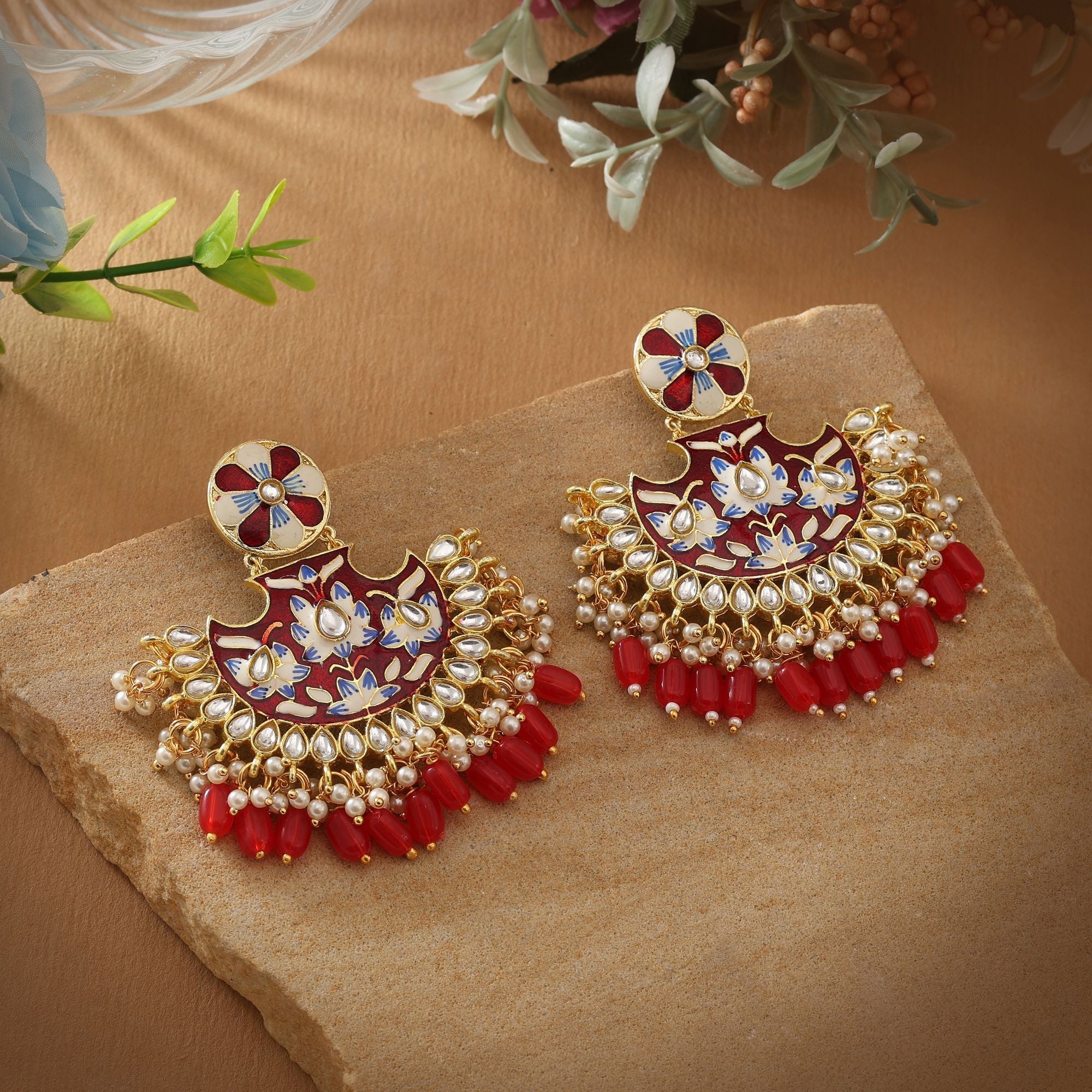 Red Color Meenakari Earrings Created To Add Bold Charm To Weddings And Festive Outfits