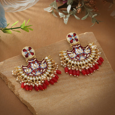 Red Color Meenakari Earrings Created To Add Bold Charm To Weddings And Festive Outfits