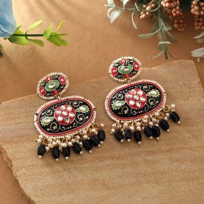 Black Color Meenakari Earrings Featuring Classic Handcrafted Enamel Work For Timeless Styling