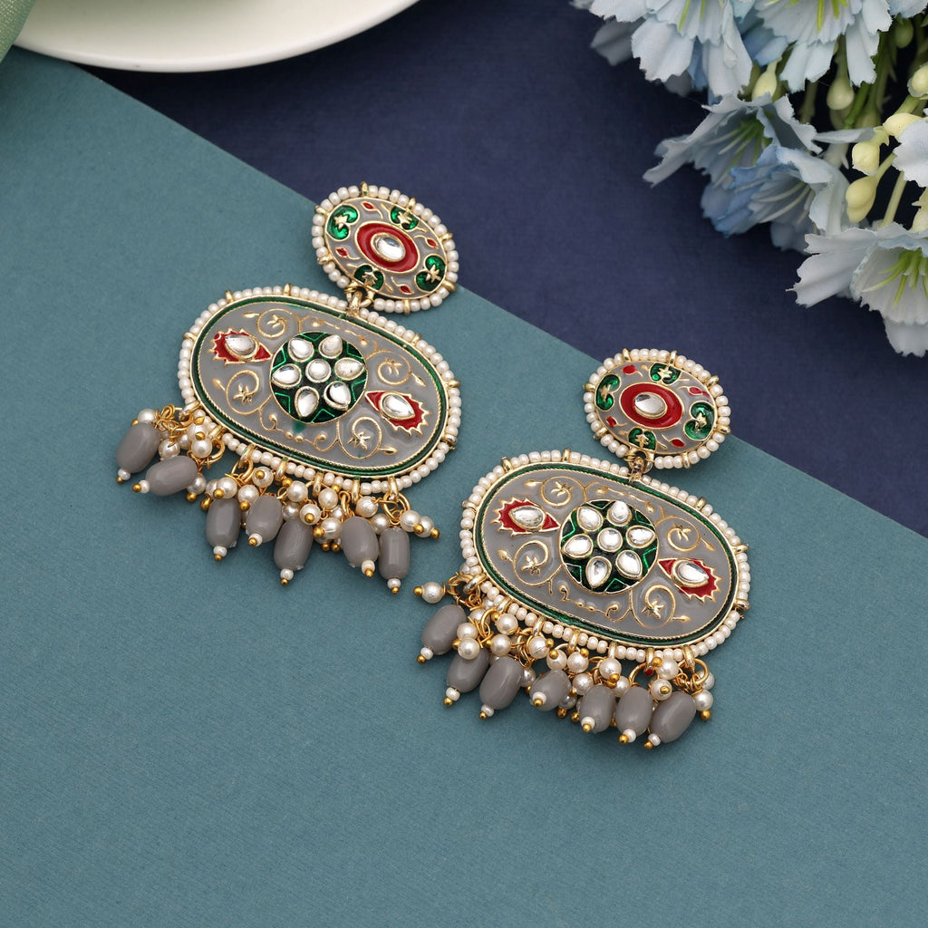 Grey Color Meenakari Earrings Blending Subtle Tones With Detailed Traditional Enamel Artistry