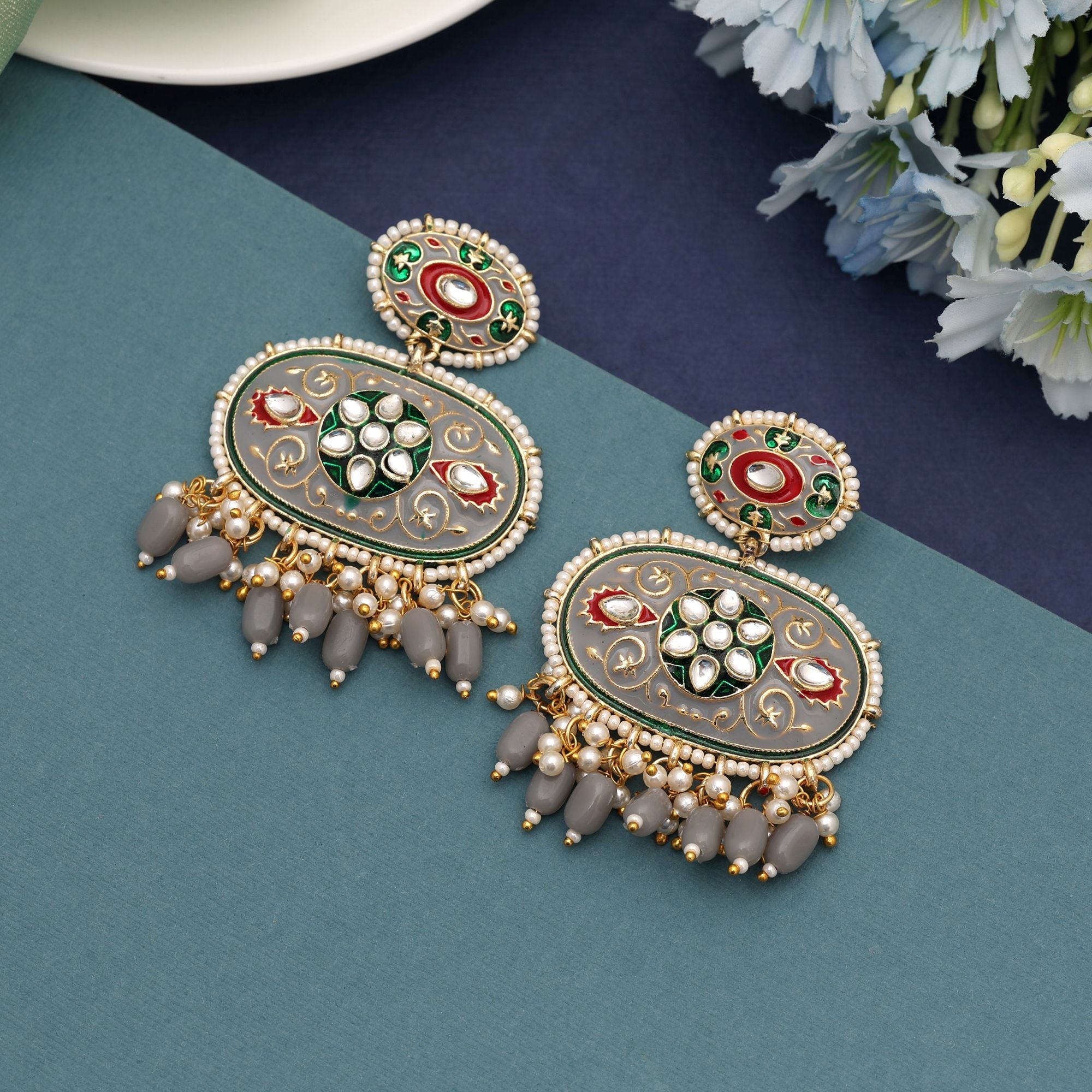 Grey Color Meenakari Earrings Blending Subtle Tones With Detailed Traditional Enamel Artistry
