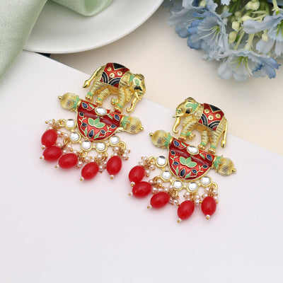 Red Color Meenakari Earrings Styled For Cultural Celebrations With Rich Handcrafted Detailing