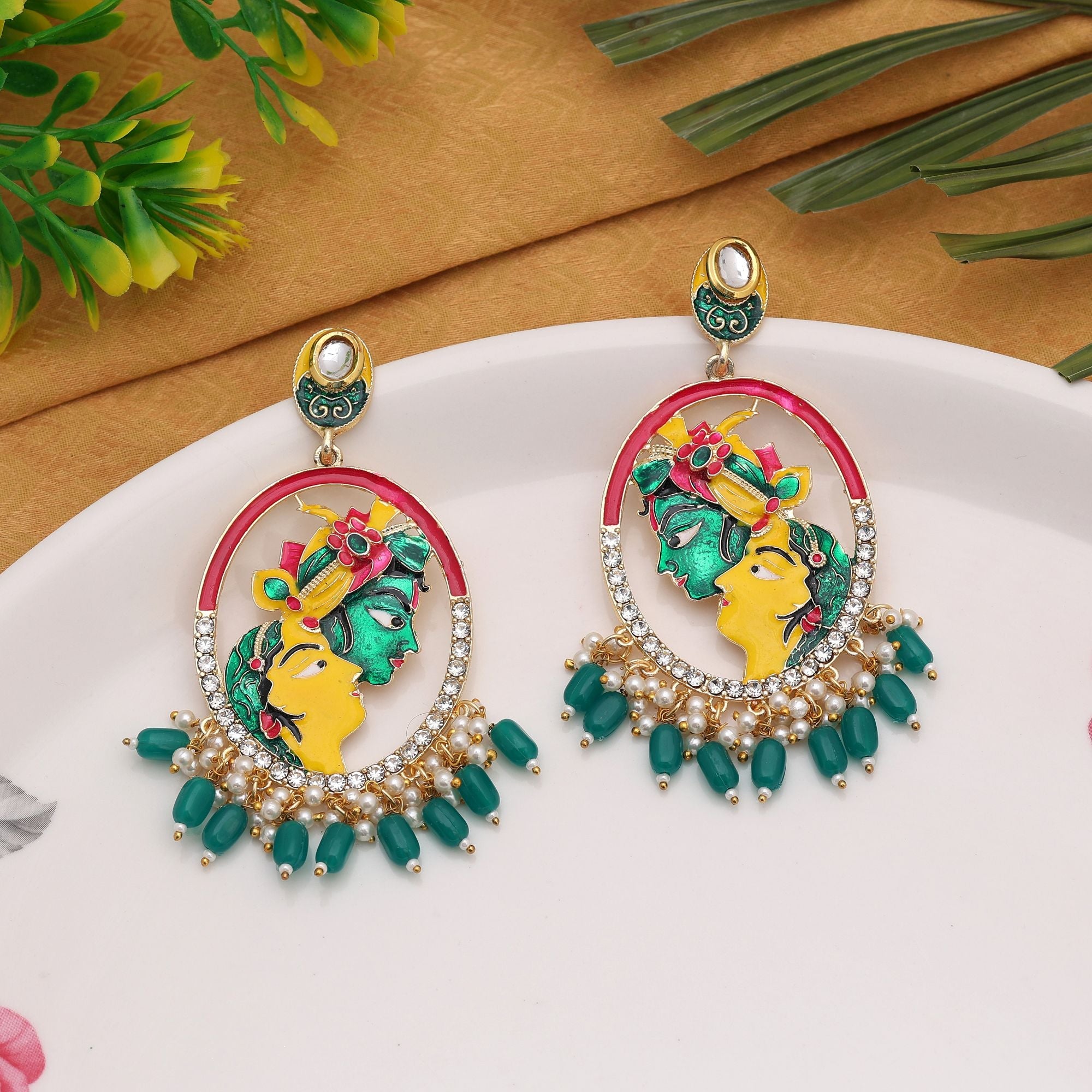 Green Color Meenakari Earrings Crafted With Traditional Motifs For Graceful Styling