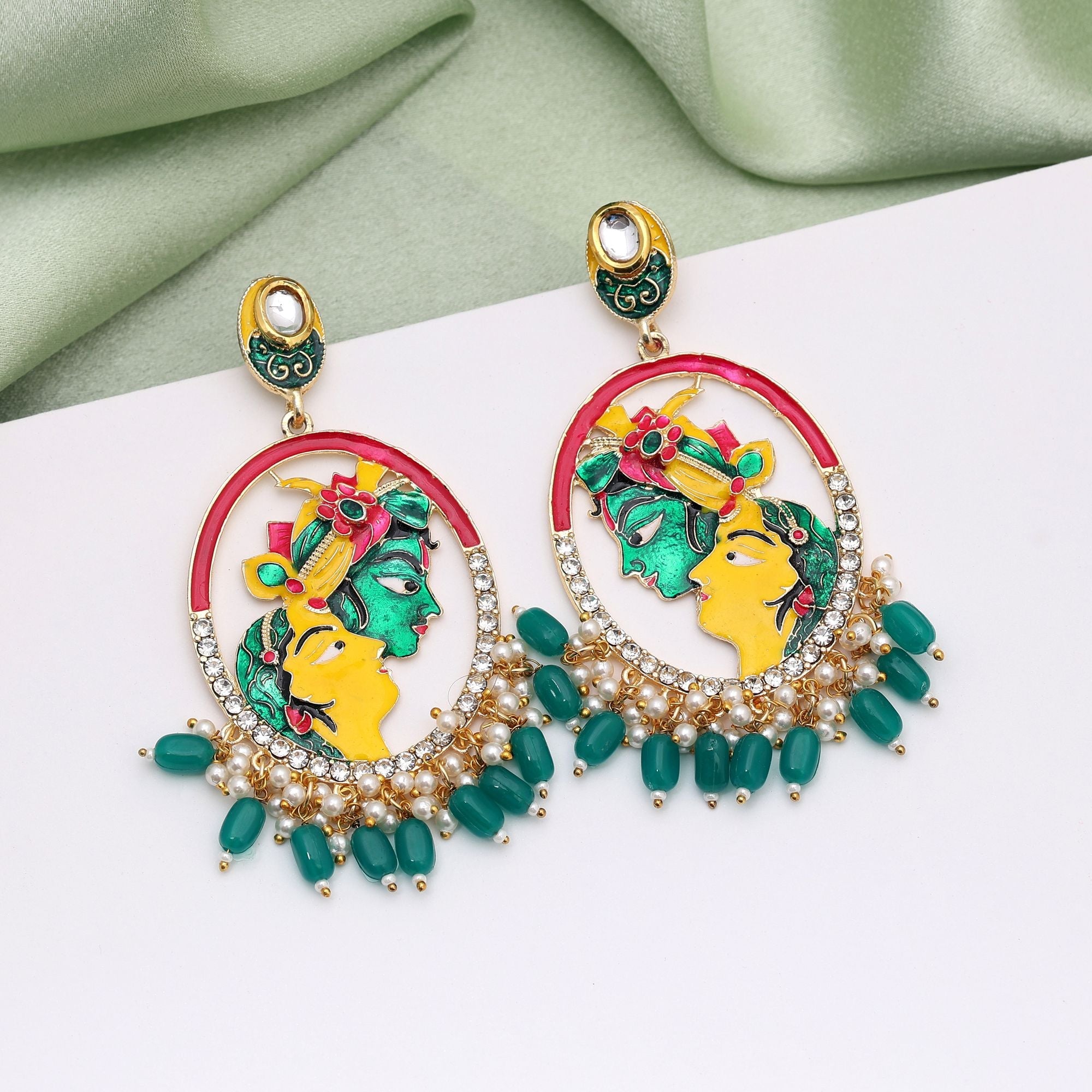 Green Color Meenakari Earrings Crafted With Traditional Motifs For Graceful Styling