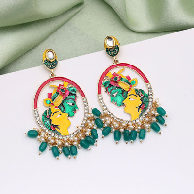 Green Color Meenakari Earrings Crafted With Traditional Motifs For Graceful Styling