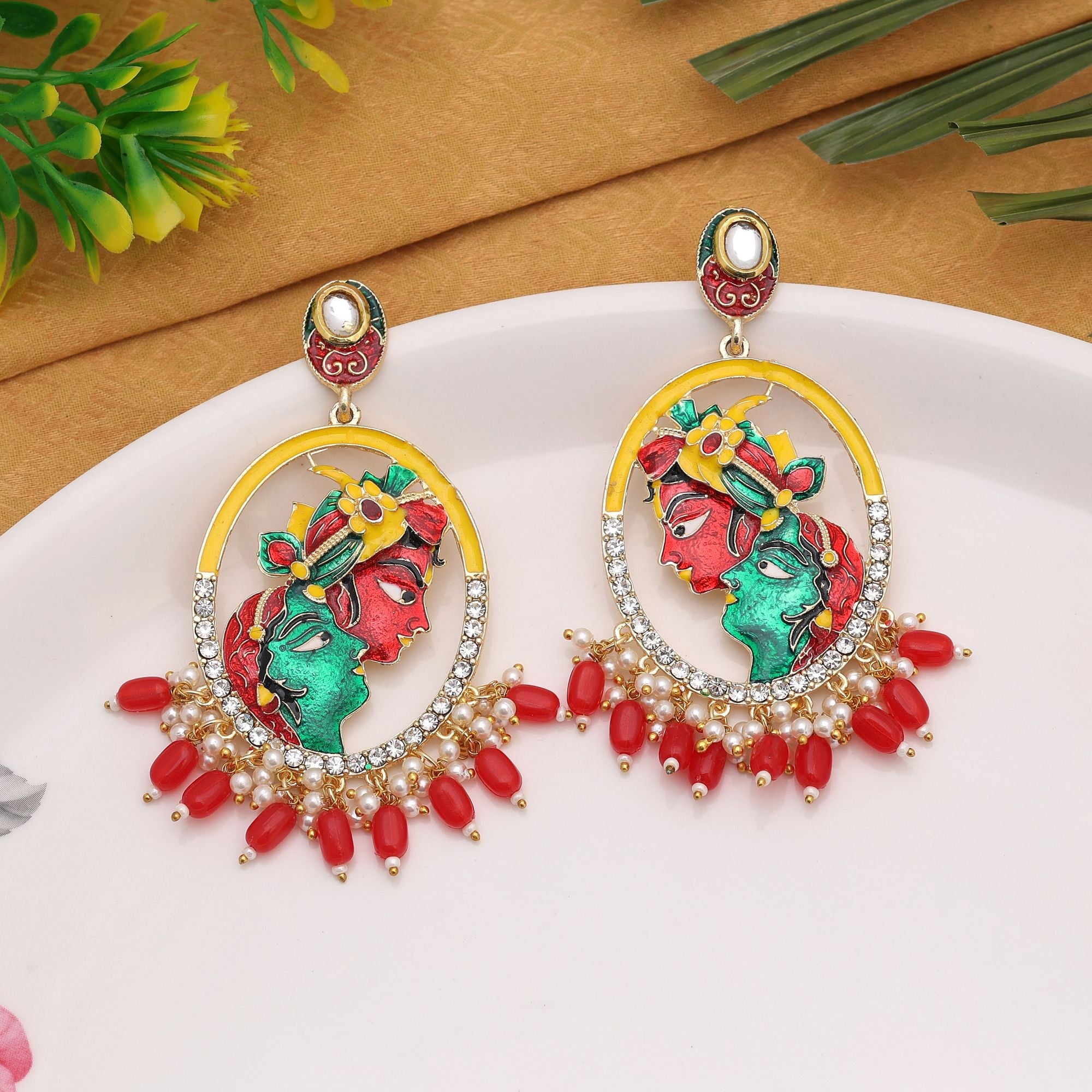 Red Color Meenakari Earrings Designed For Striking Festive Fashion And Wedding Wear