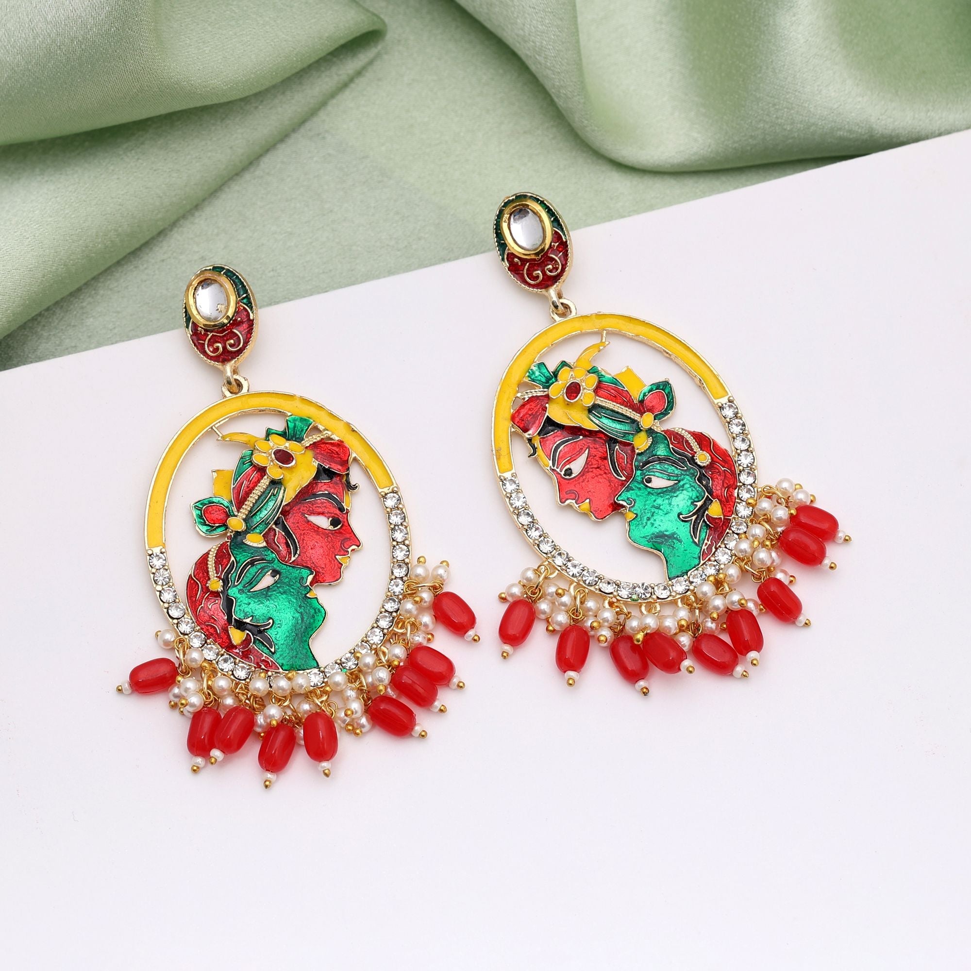 Red Color Meenakari Earrings Designed For Striking Festive Fashion And Wedding Wear