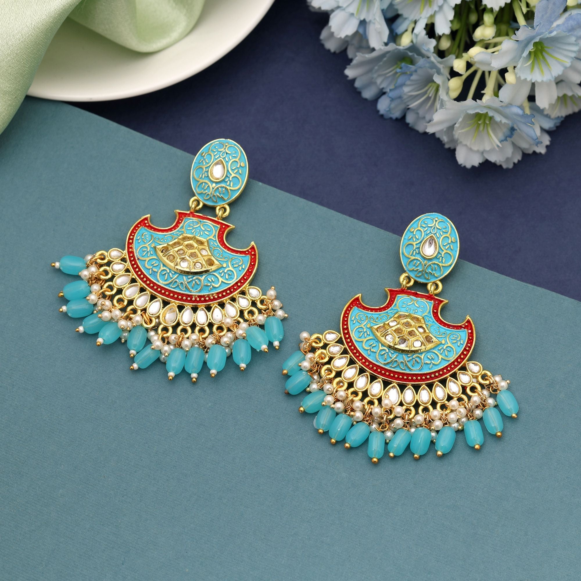 Firozi Color Mint Meena Earrings Offering Cool Vibrant Beauty For Cultural Celebrations