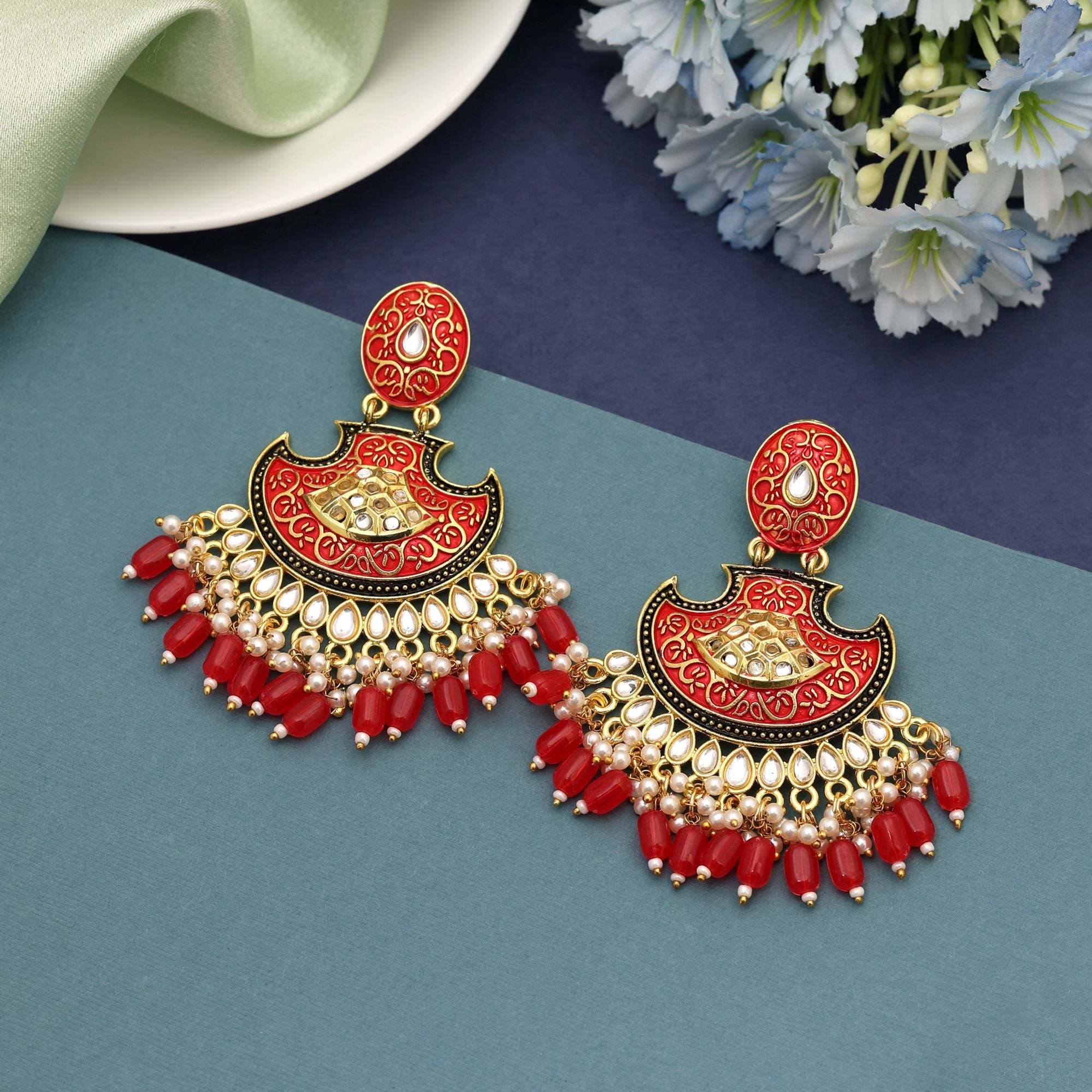 Red Color Mint Meena Earrings Crafted With Vibrant Enamel Detailing For Festive Elegance