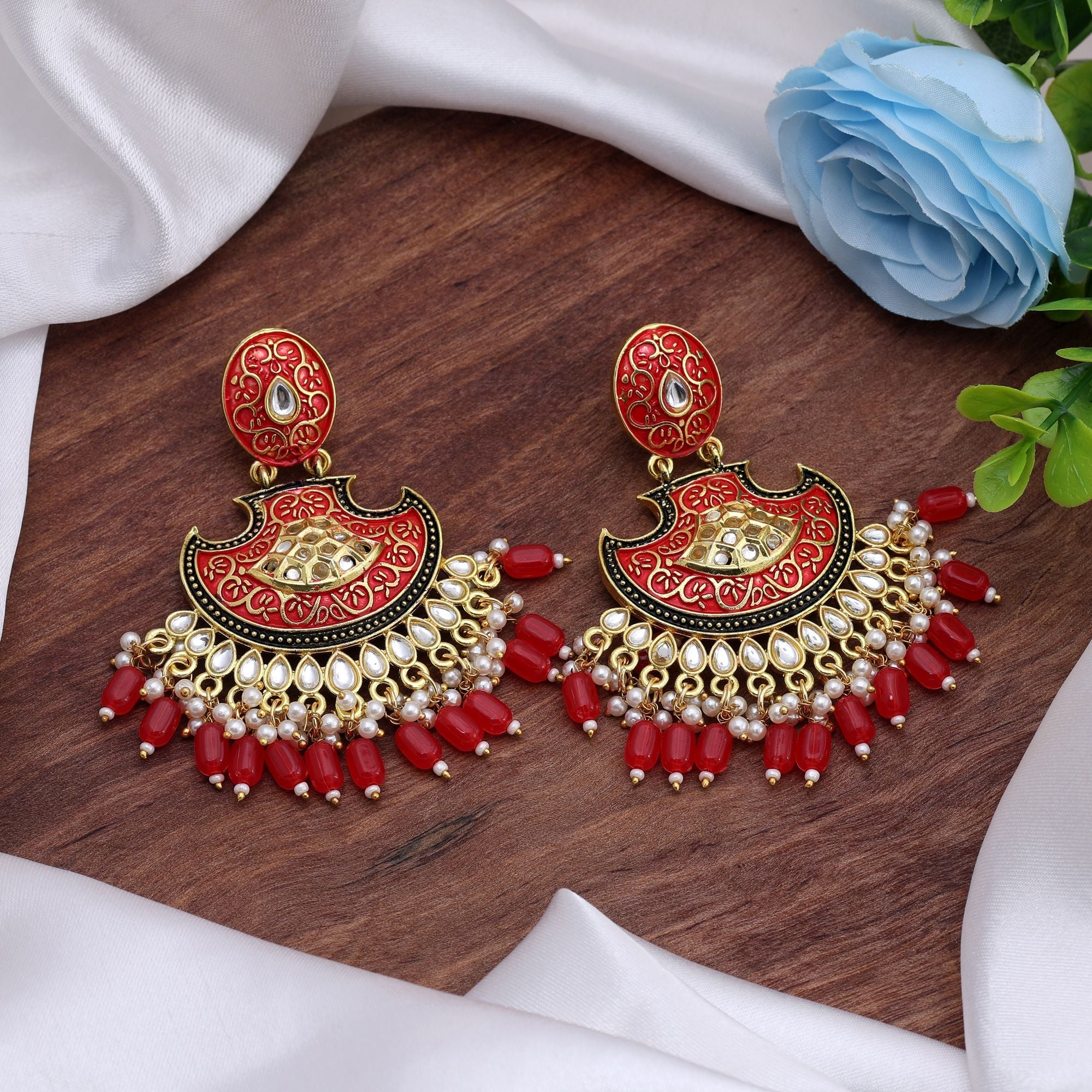 Red Color Mint Meena Earrings Crafted With Vibrant Enamel Detailing For Festive Elegance