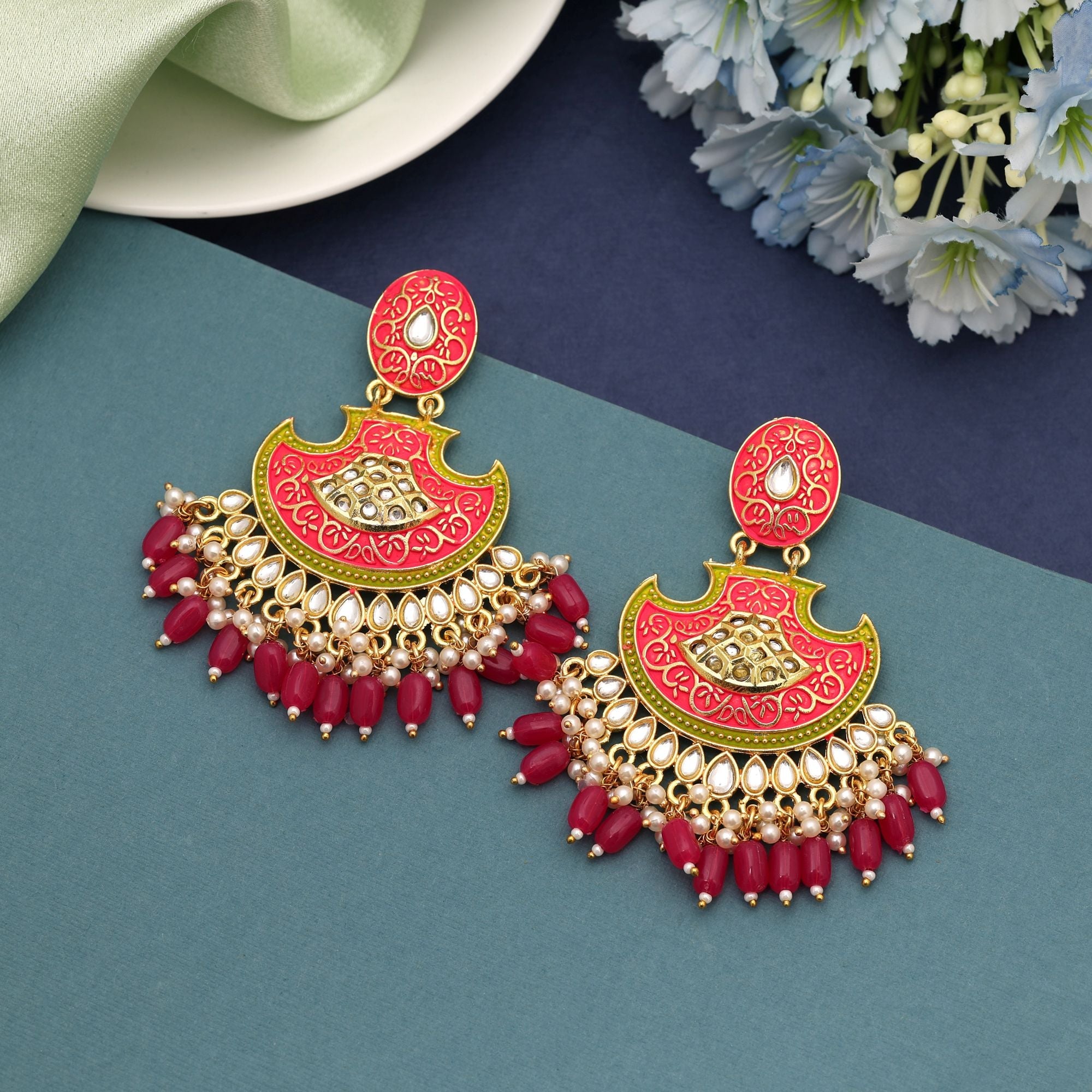 Rani Color Mint Meena Earrings Showcasing Royal Tones With Detailed Enamel Craftsmanship