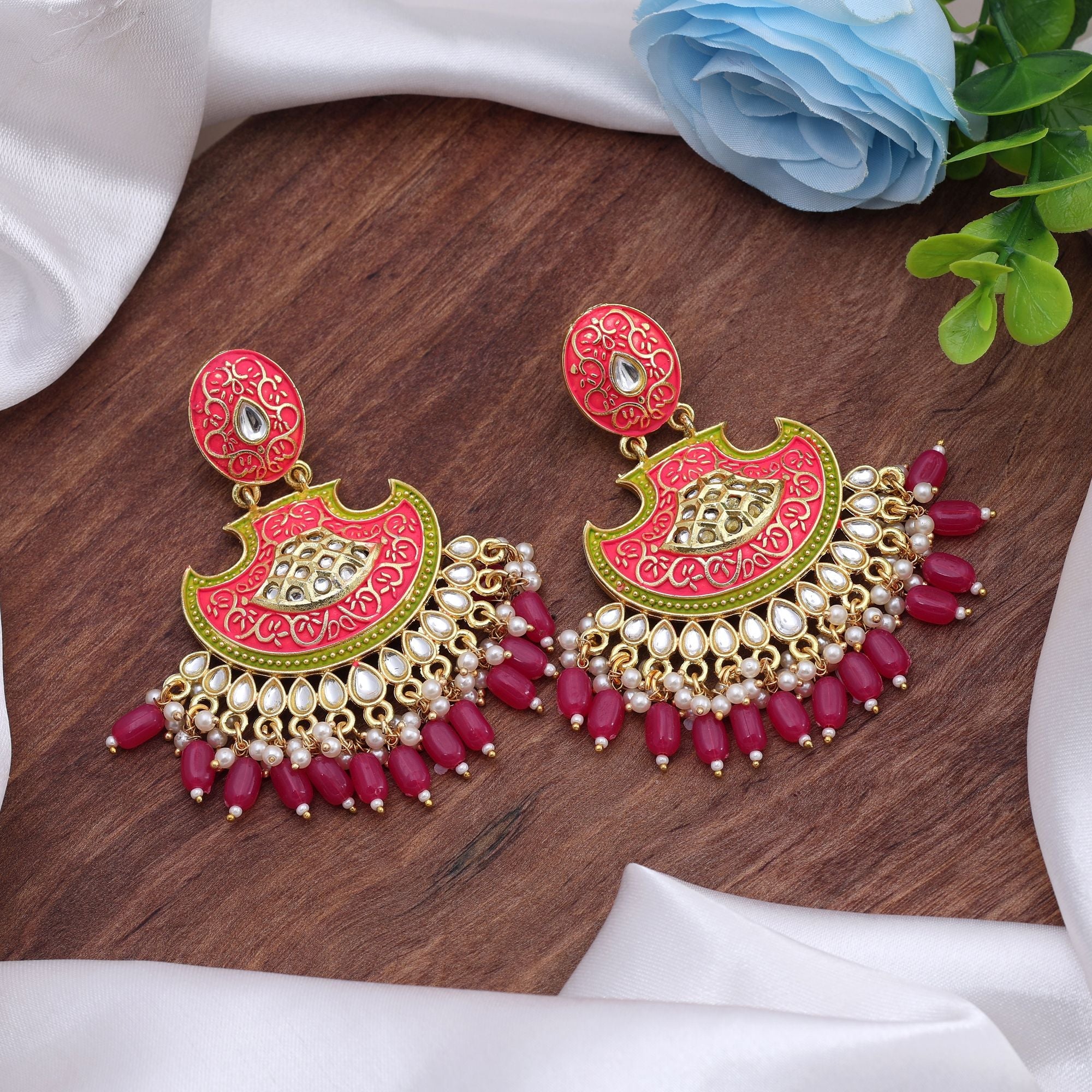 Rani Color Mint Meena Earrings Showcasing Royal Tones With Detailed Enamel Craftsmanship