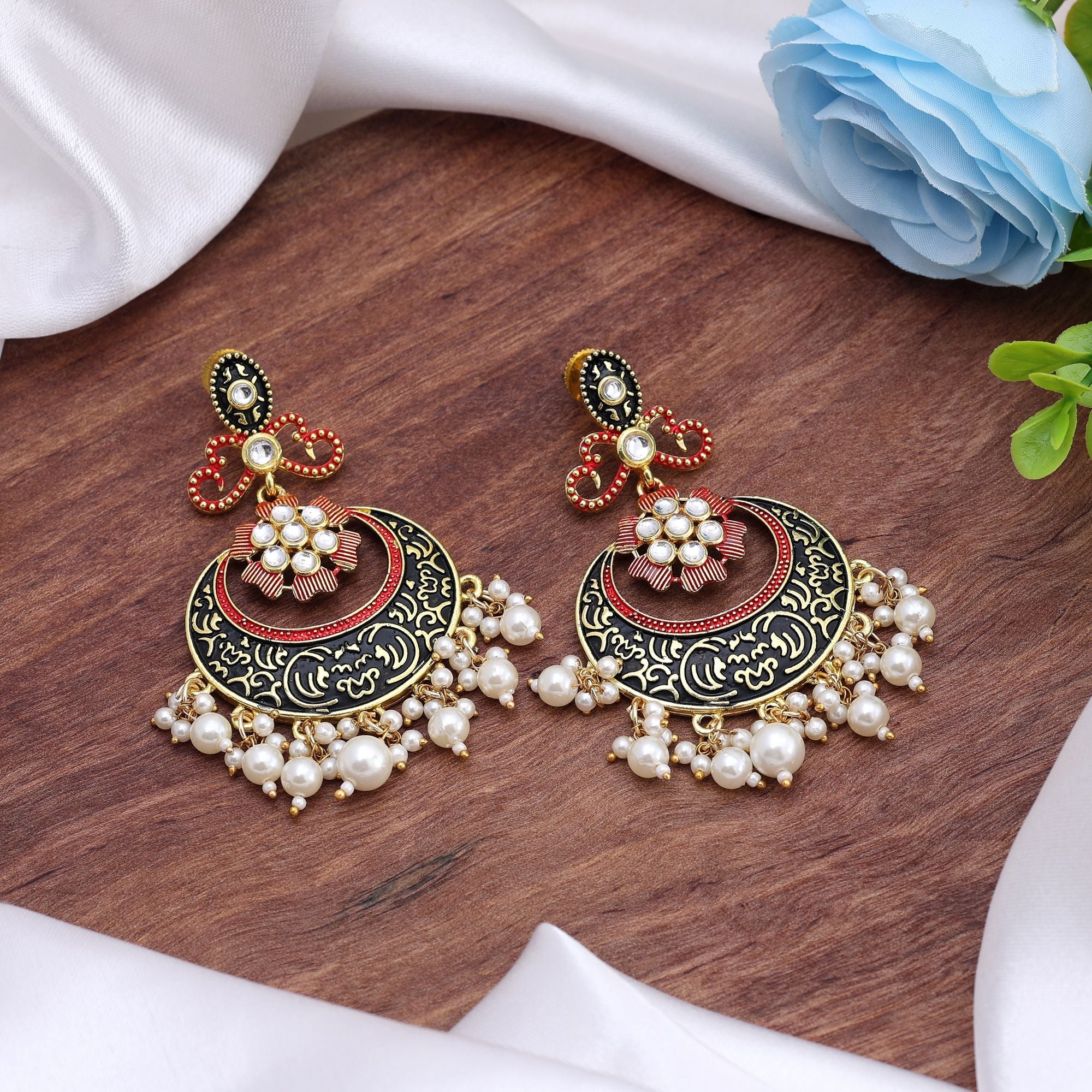 Black Color Mint Meena Earrings Offering Dramatic Contrast With Traditional Enamel Artistry