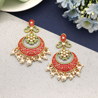 Red Color Mint Meena Earrings Styled For Bold Festive Looks With Handcrafted Enamel Work
