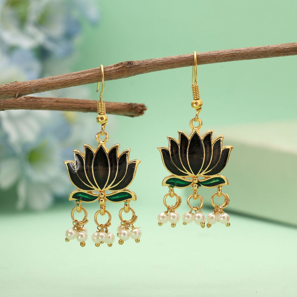 Black Ethnic Lotus Meenakari Earrings