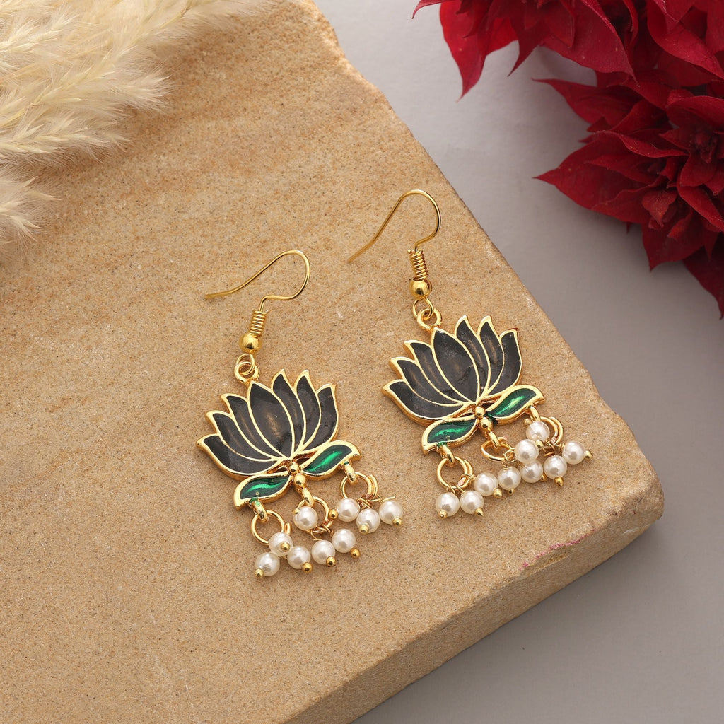 Black Ethnic Lotus Meenakari Earrings
