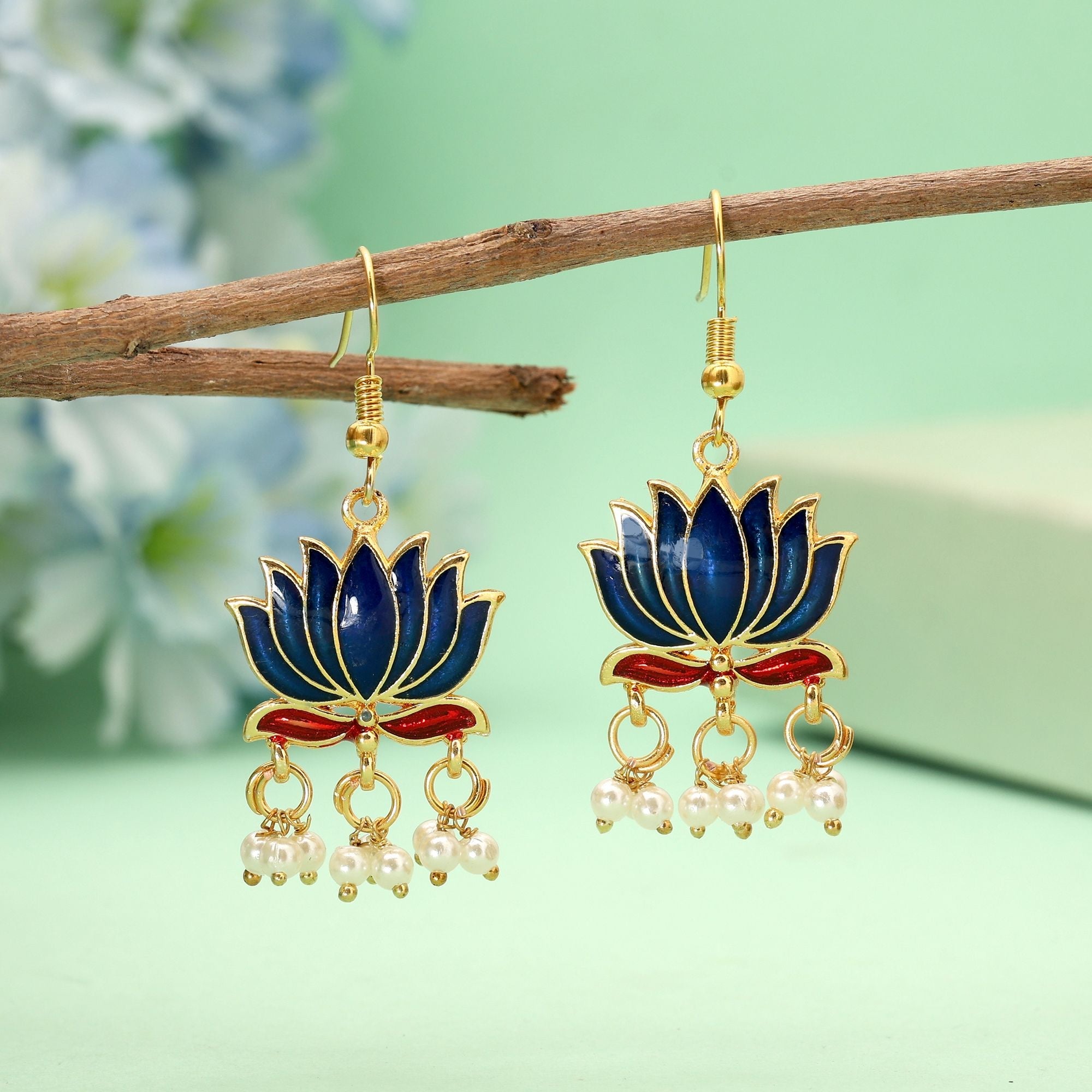 Blue Festive Lotus Meenakari Earrings