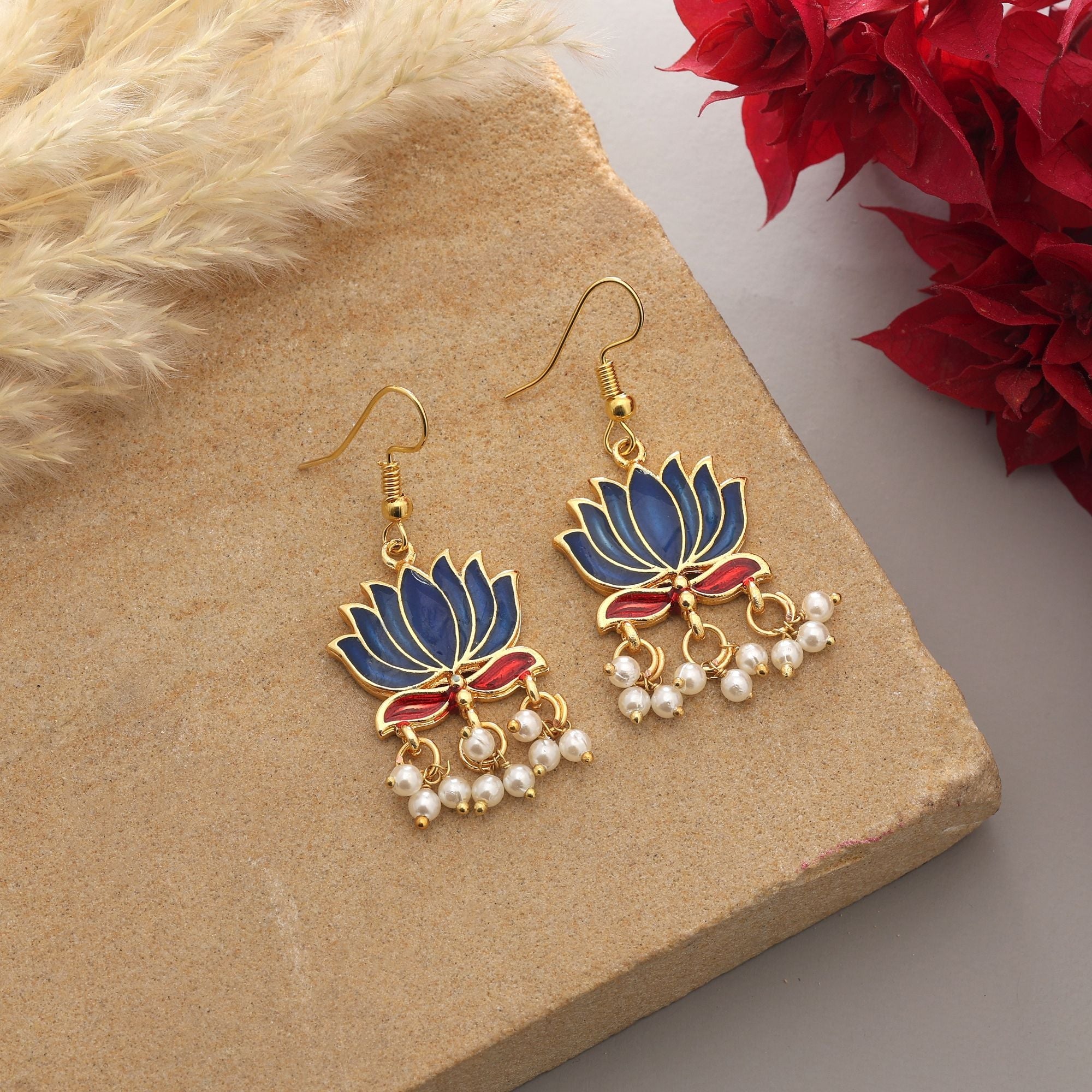 Blue Festive Lotus Meenakari Earrings