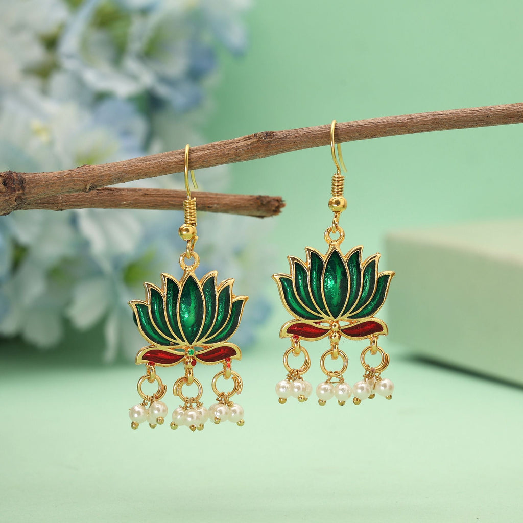 Green Nature Lotus Meenakari Earrings