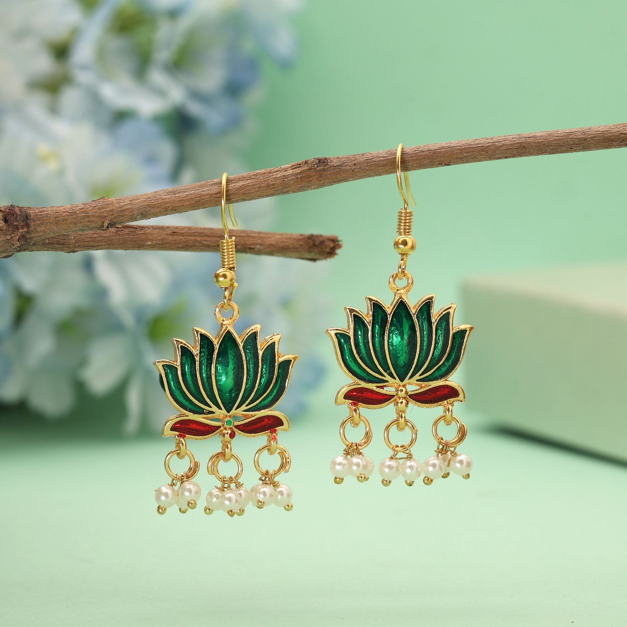 Green Nature Lotus Meenakari Earrings
