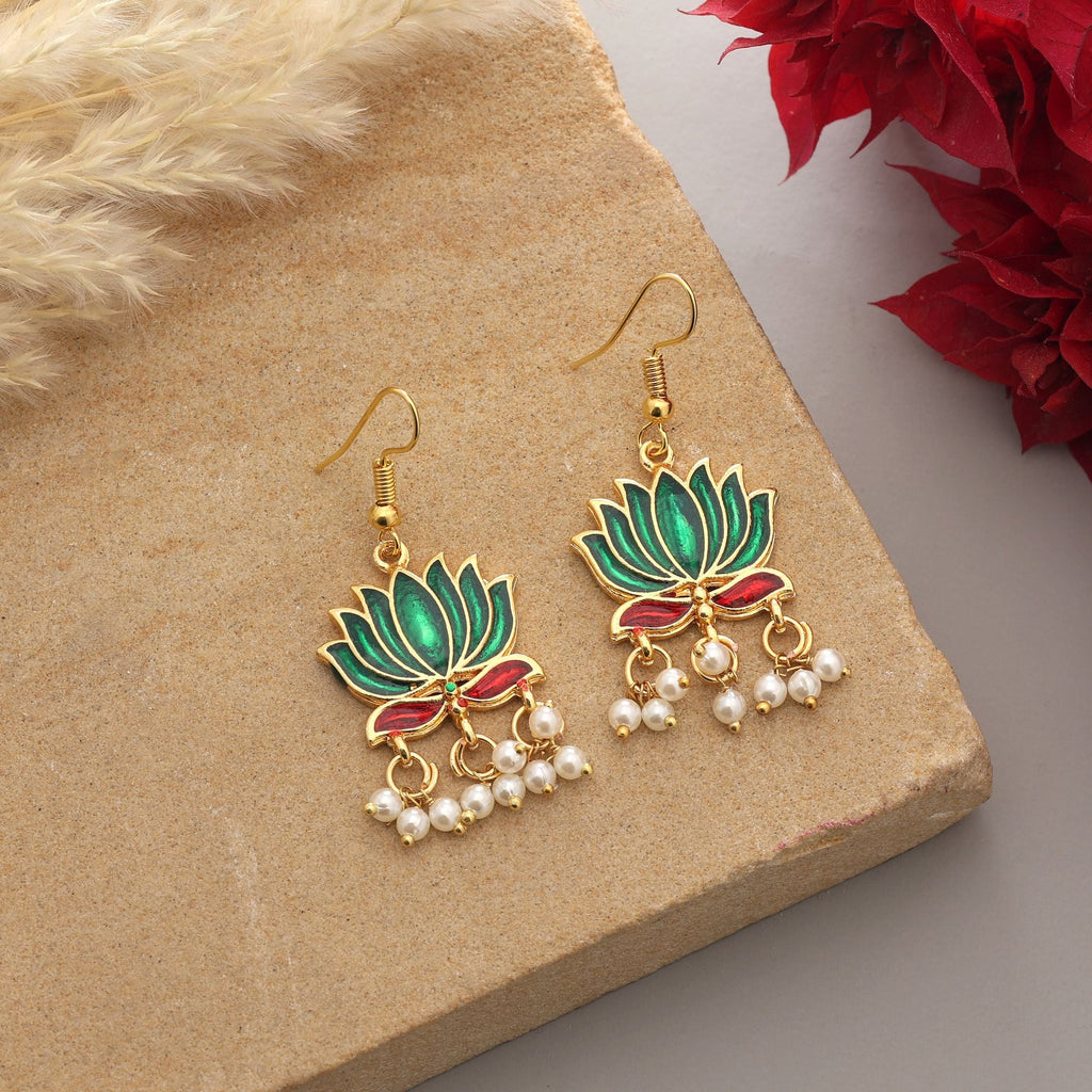 Green Nature Lotus Meenakari Earrings