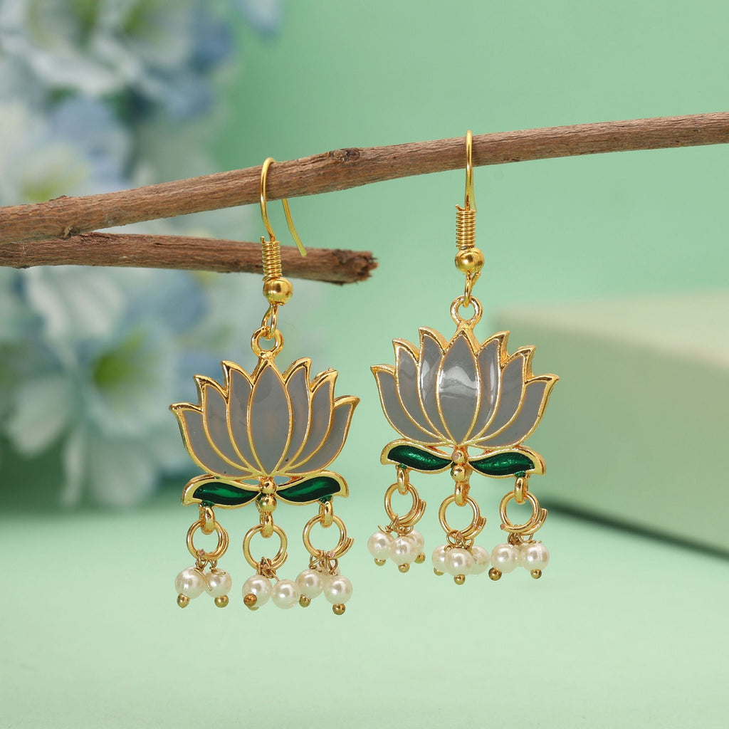 Grey Modern Lotus Meenakari Earrings
