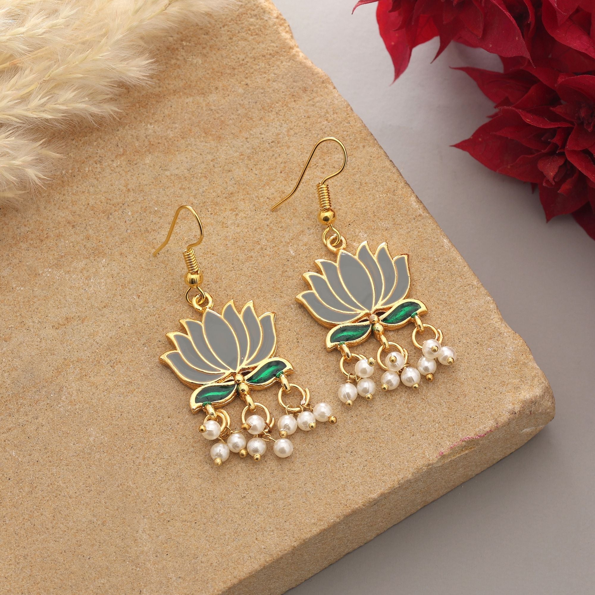 Grey Modern Lotus Meenakari Earrings