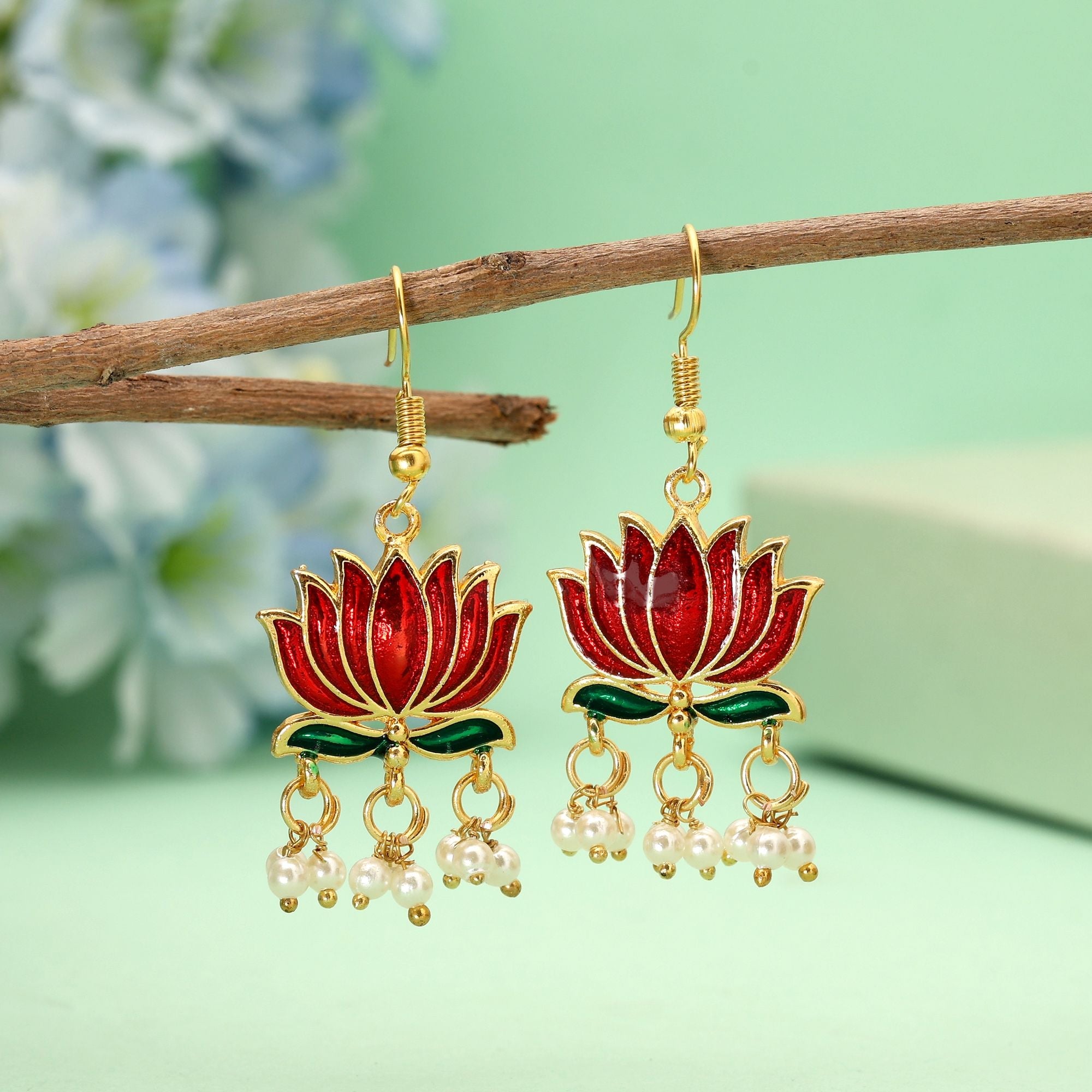 Maroon Lotus Design Meenakari Earrings