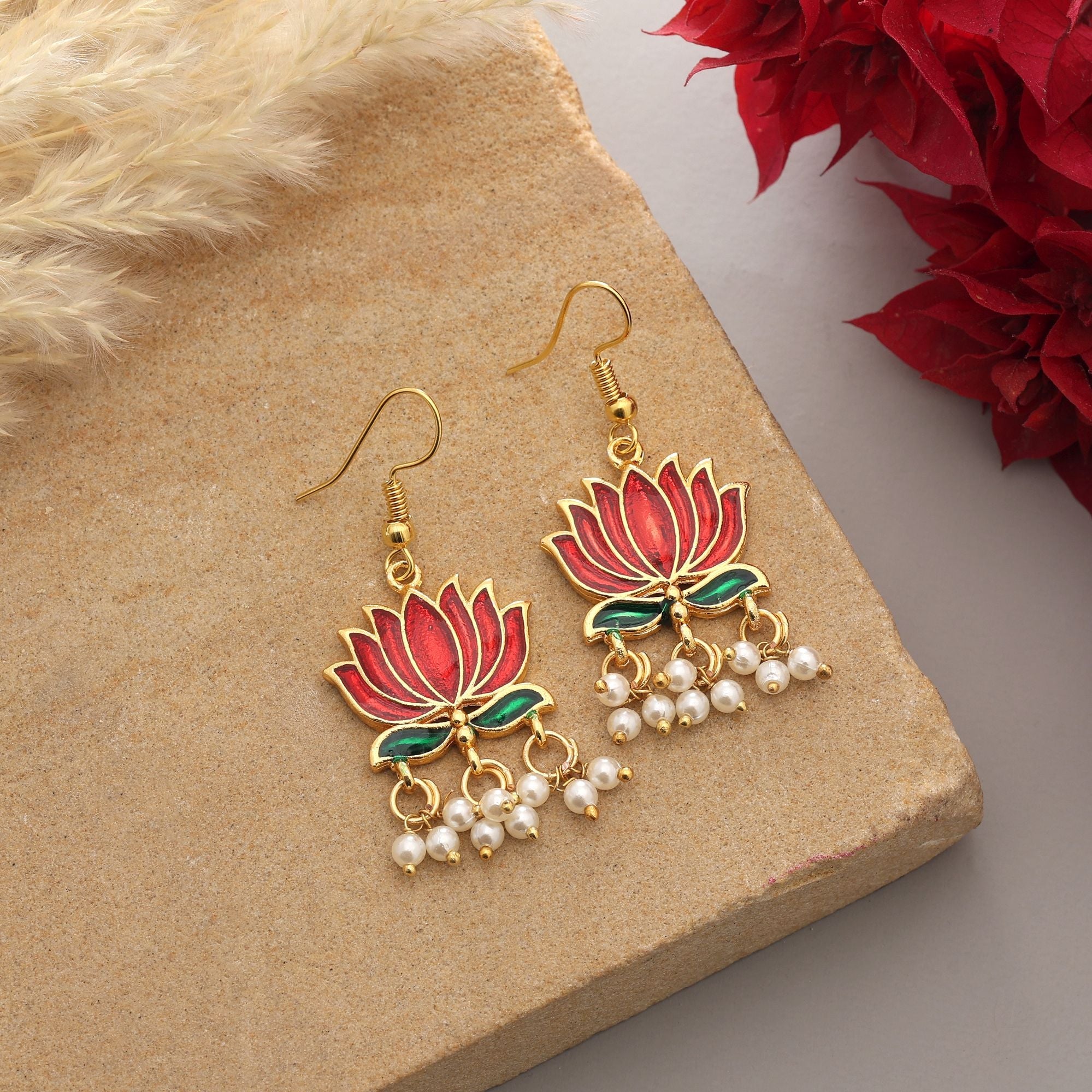 Maroon Lotus Design Meenakari Earrings