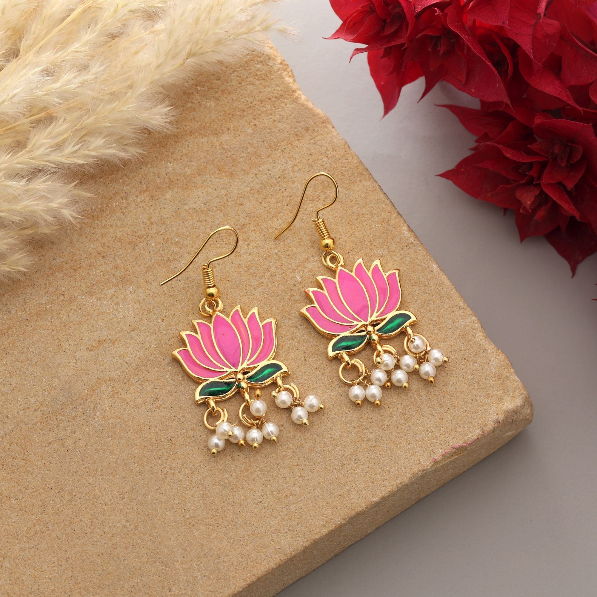 Pink Hand-Painted Meenakari Earrings