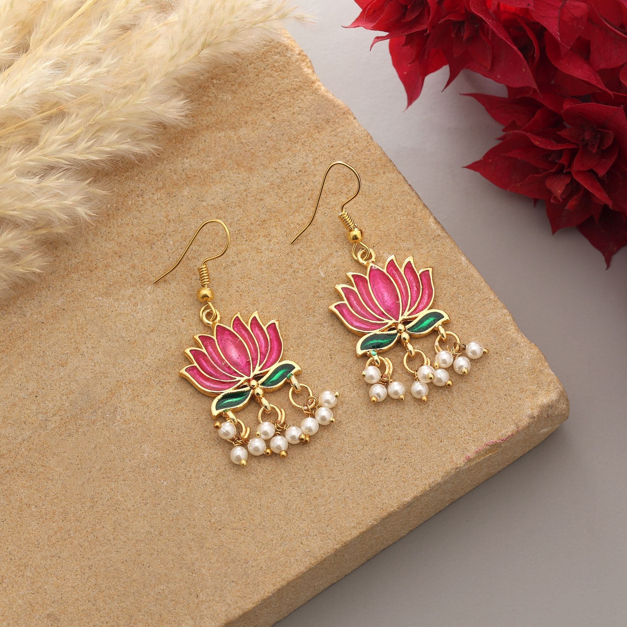 Rani Pink Lotus Meenakari Earrings