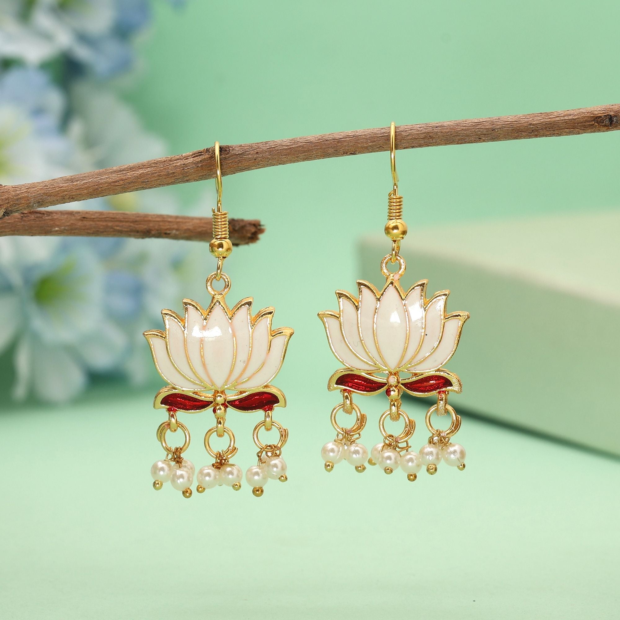 White Elegant Lotus Meenakari Earrings
