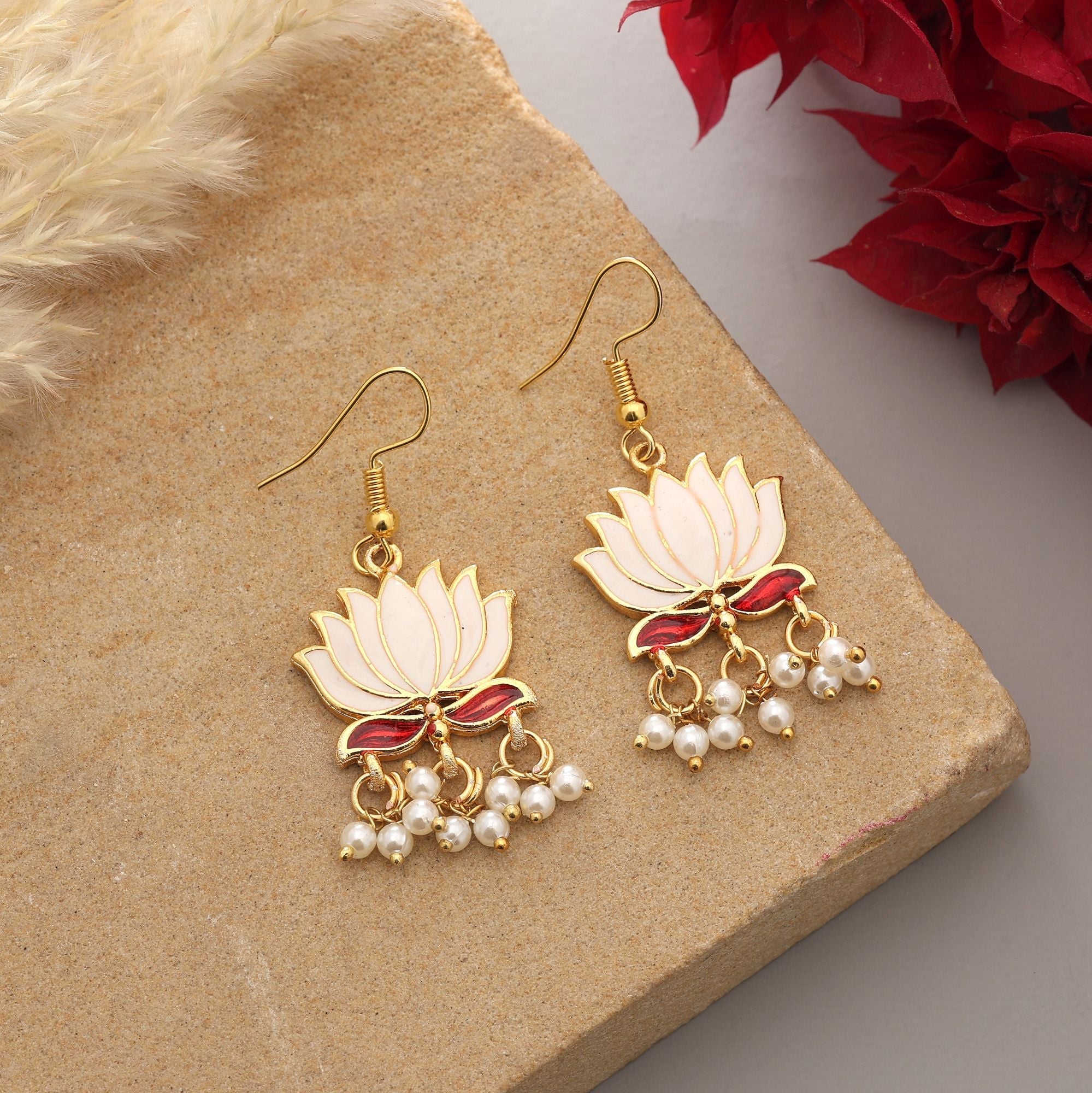 White Elegant Lotus Meenakari Earrings