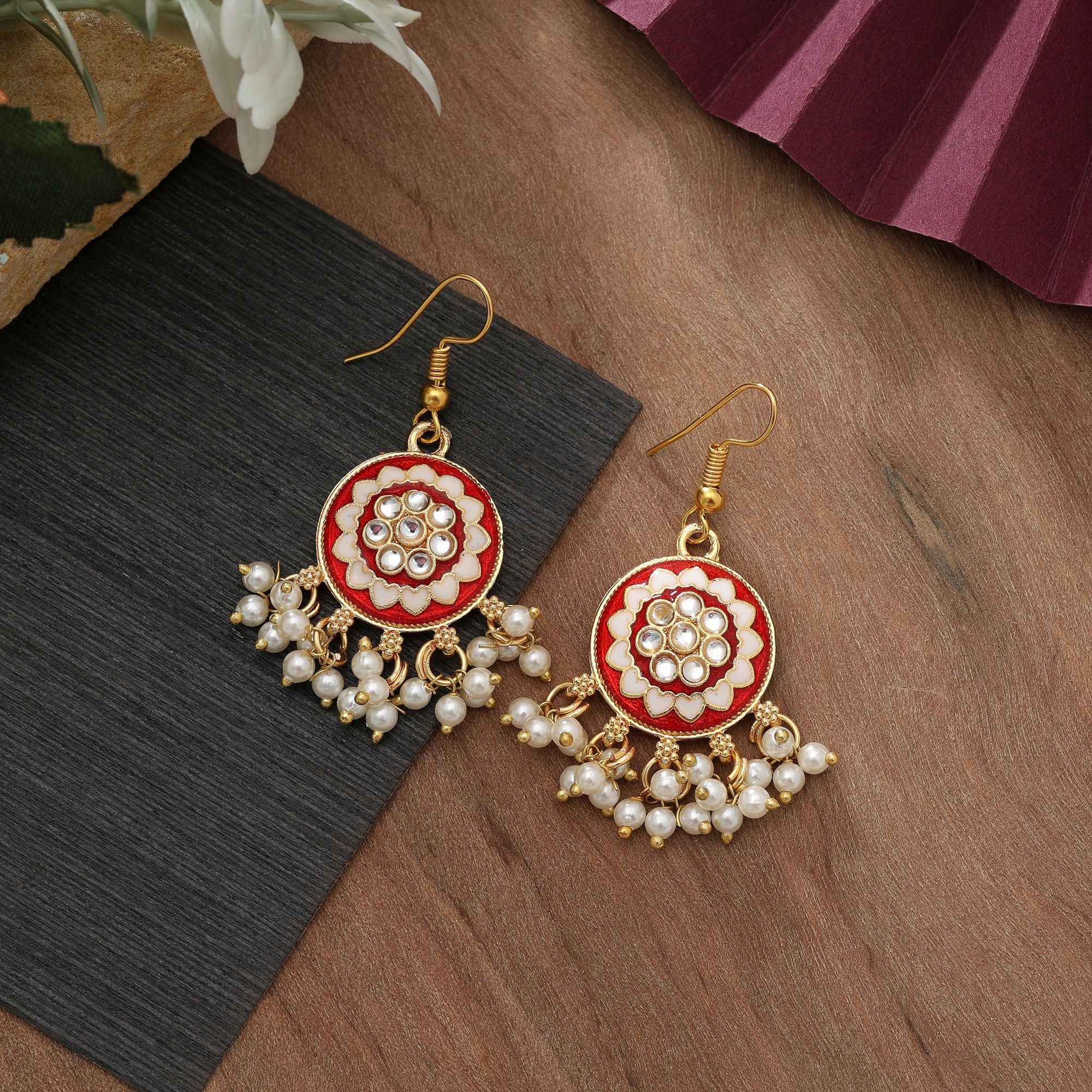 Red Color Meenakari Earrings Bridal Ethnic Wear