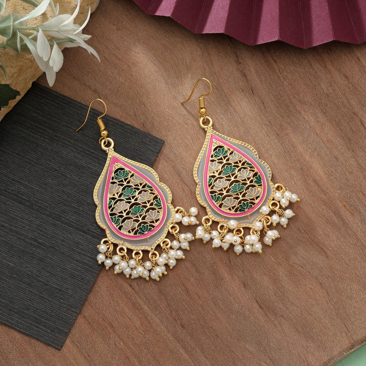 Grey Color Meenakari Earrings Minimal Ethnic Wear