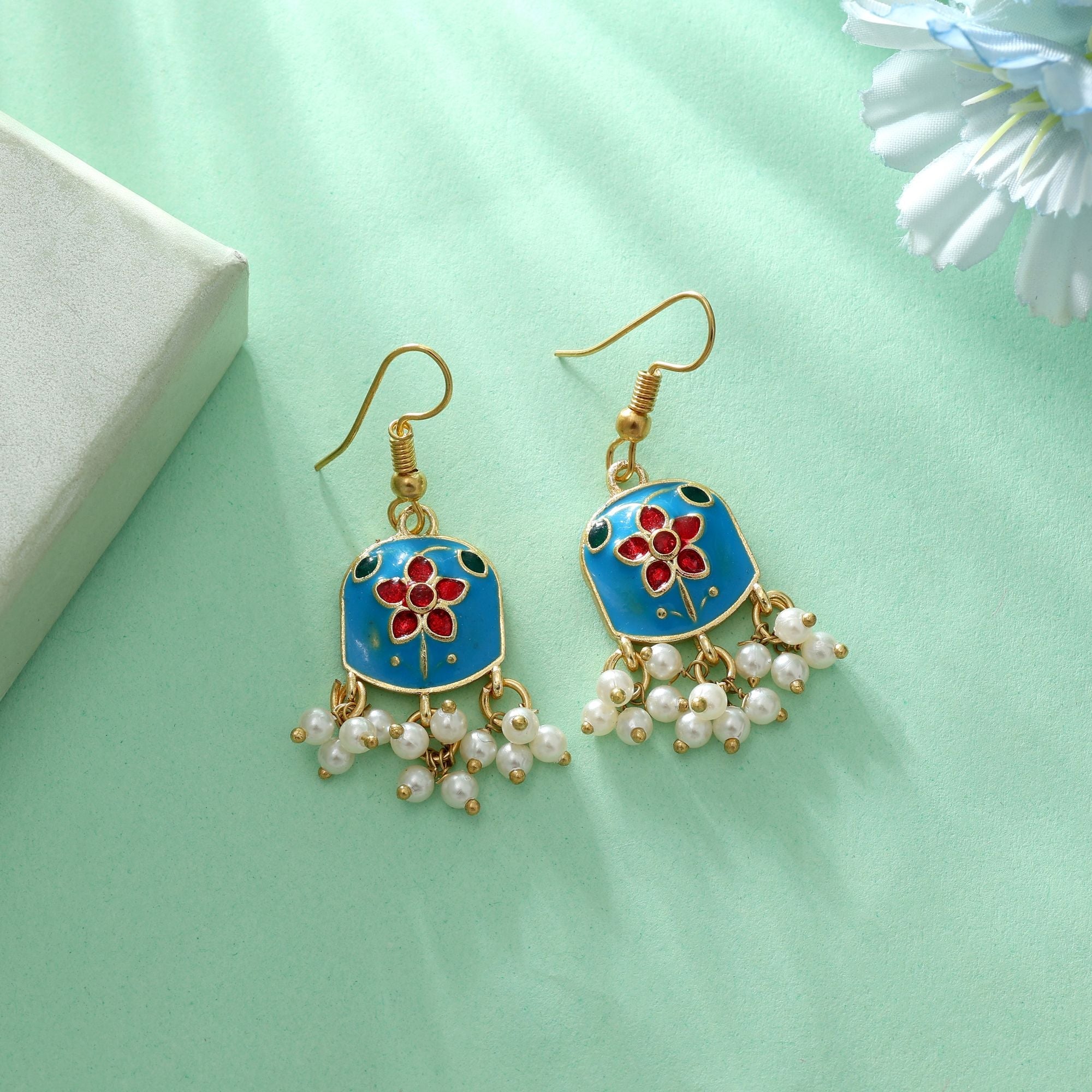 Firozi Color Meenakari Earrings Festive Ethnic Wear