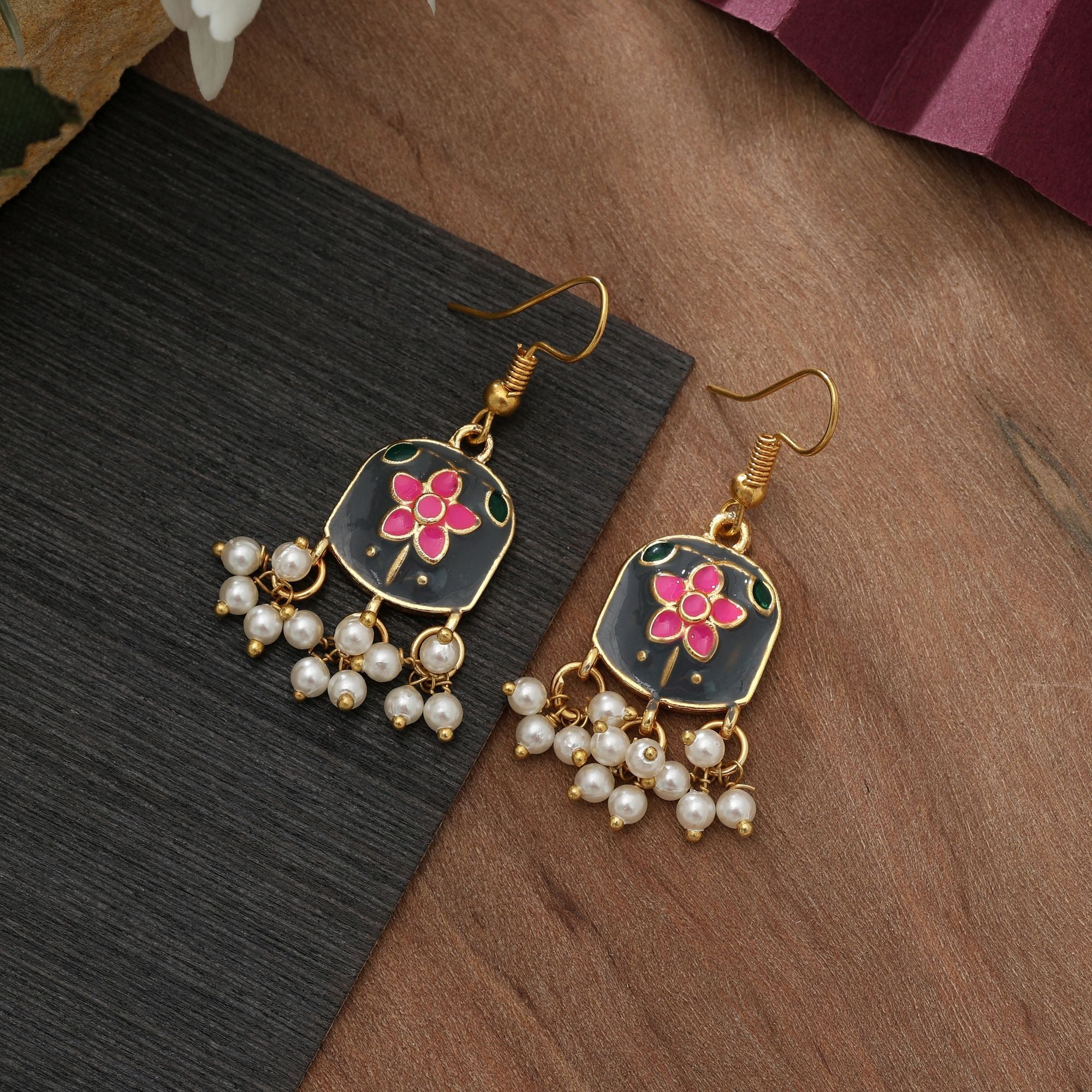 Grey Color Meenakari Earrings Minimal Traditional Style