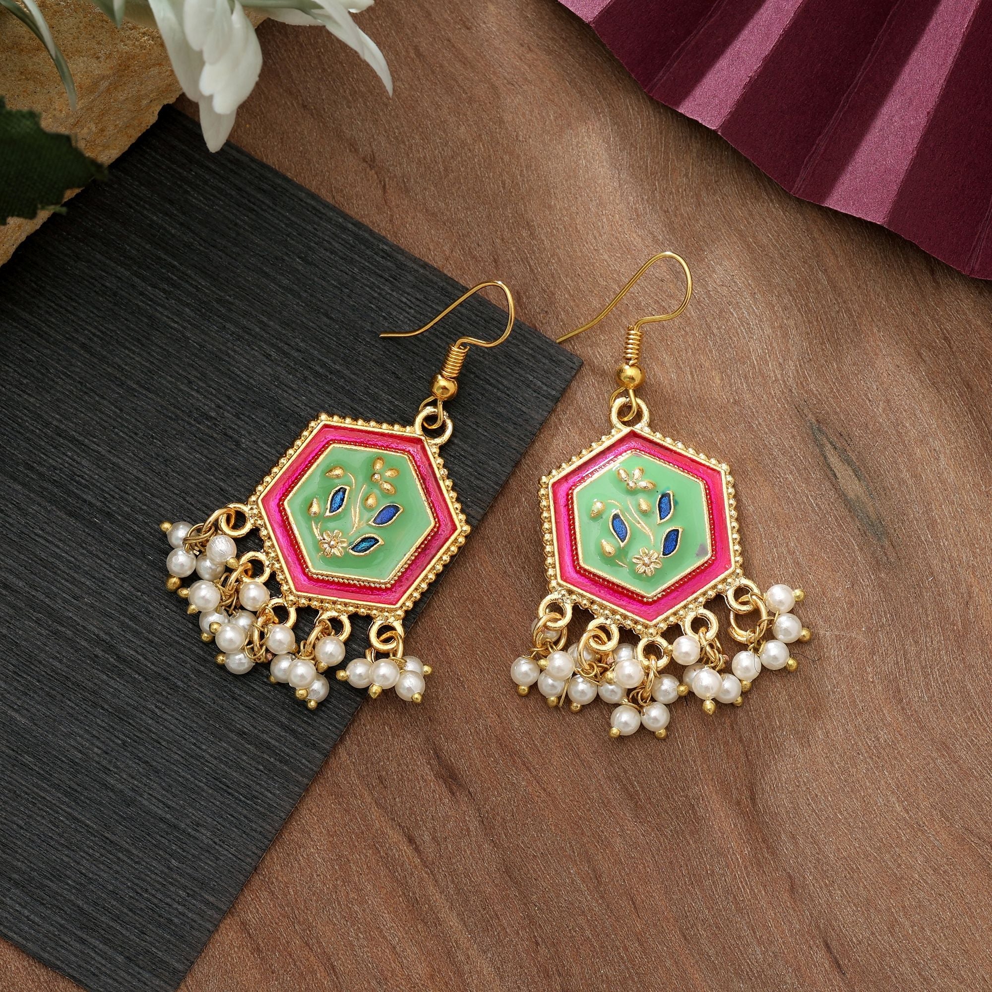 Pista Green Color Meenakari Earrings Festive Wear