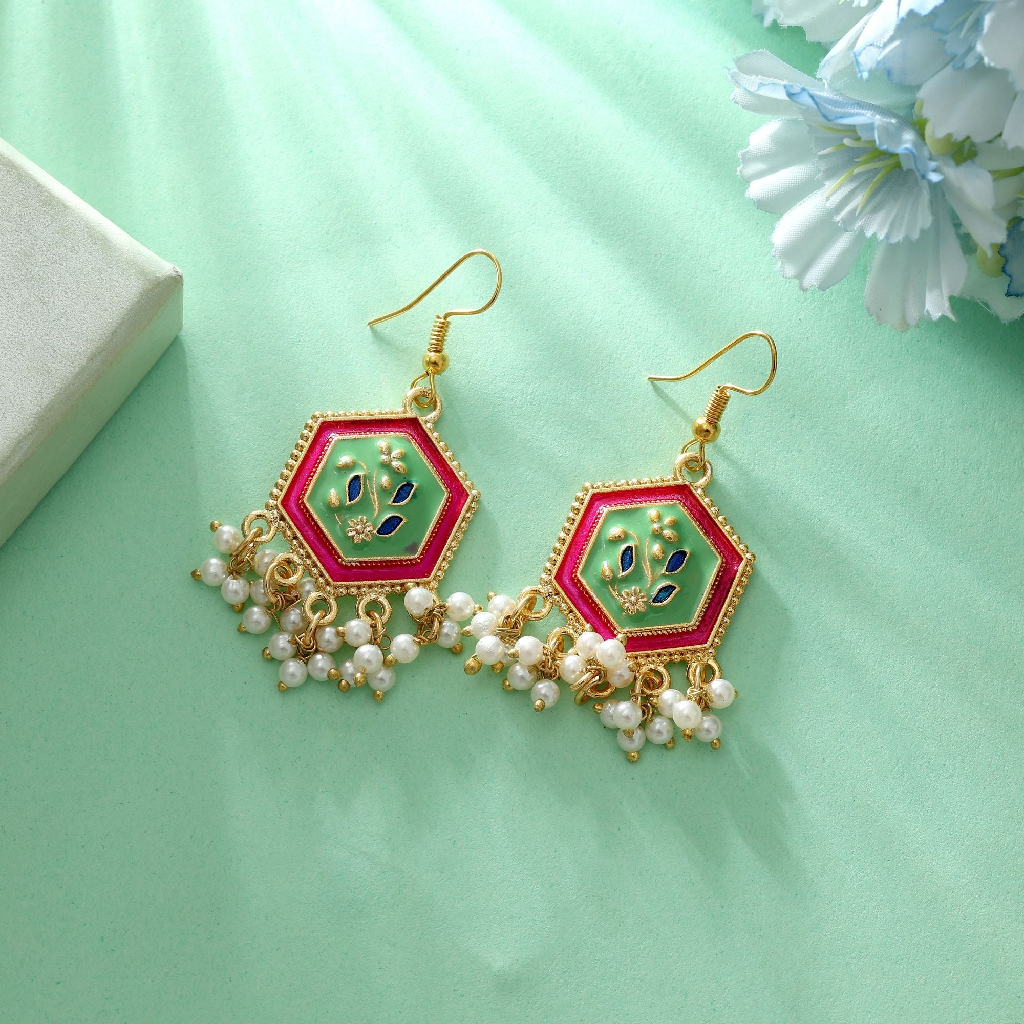 Pista Green Color Meenakari Earrings Festive Wear