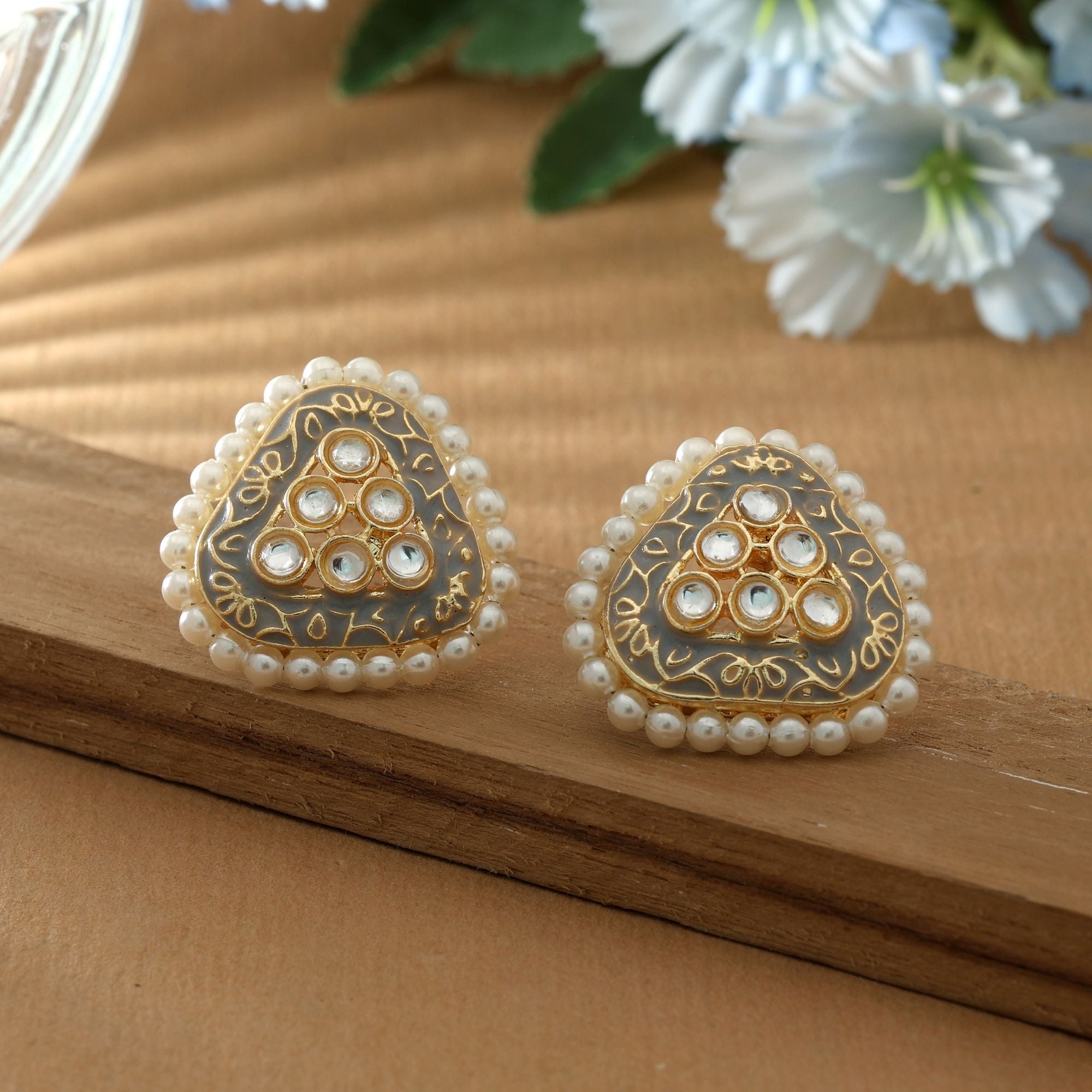 Grey Color Meenakari Earrings Classic Minimal Style