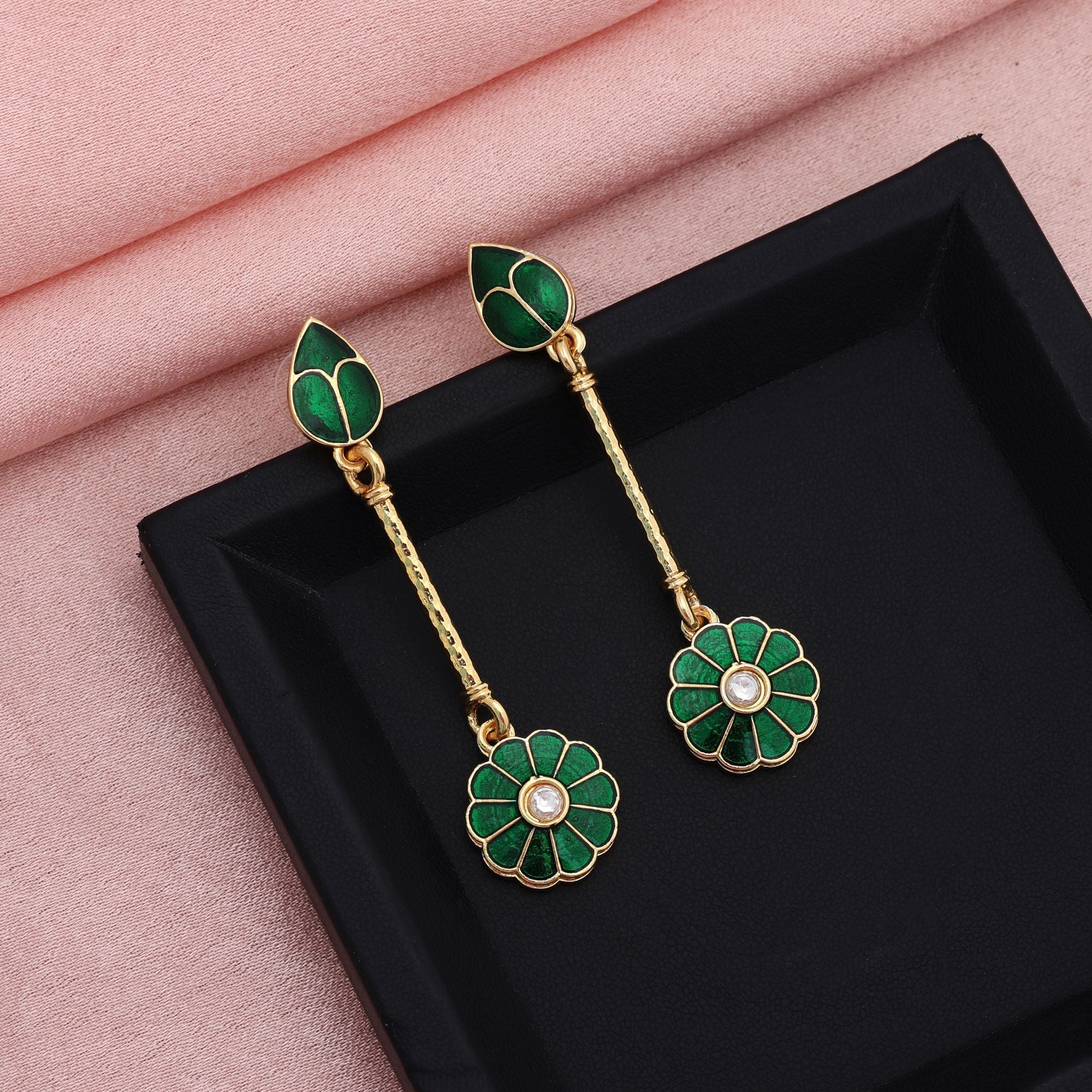 Green Color Meenakari Earrings Classic Festive Traditional Statement Jewelry Collection Design