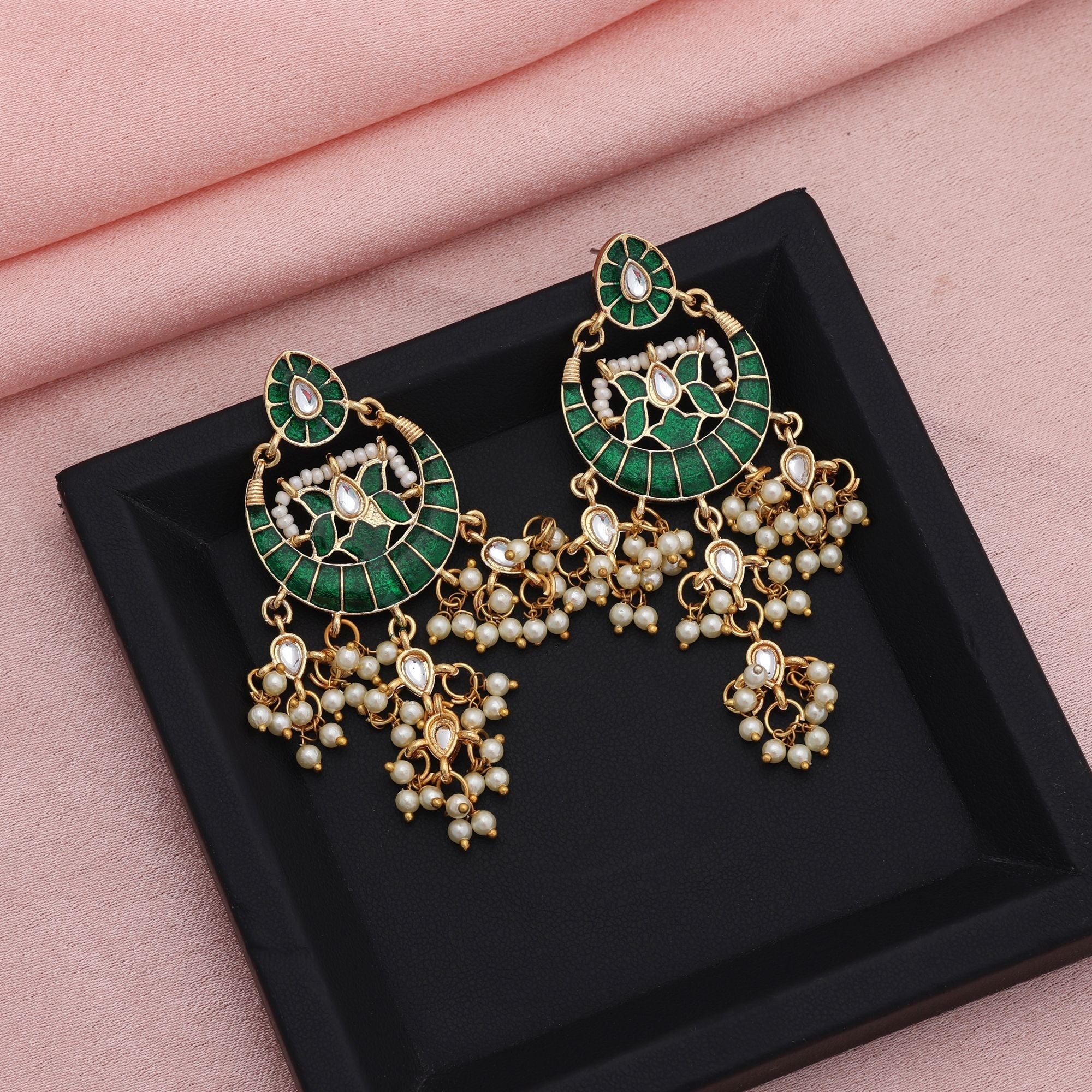Green Color Meenakari Earrings Elegant Festive Traditional Jewelry Collection Design