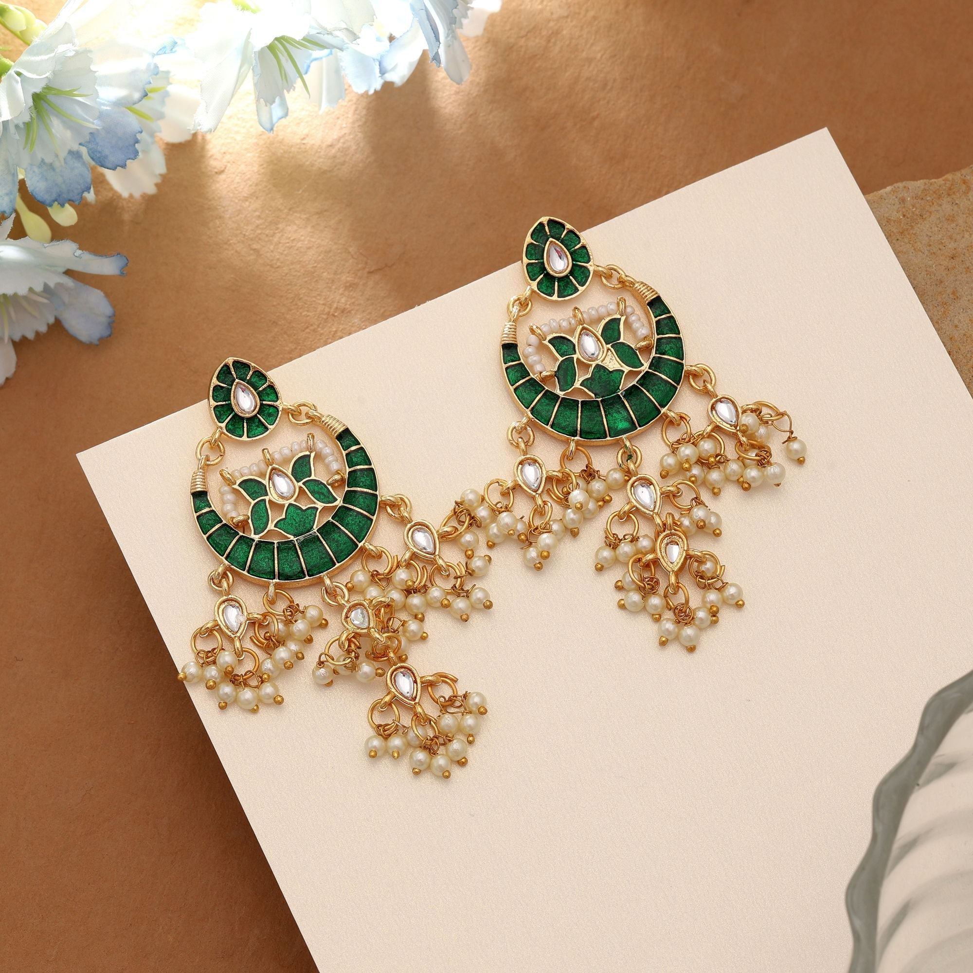Green Color Meenakari Earrings Elegant Festive Traditional Jewelry Collection Design