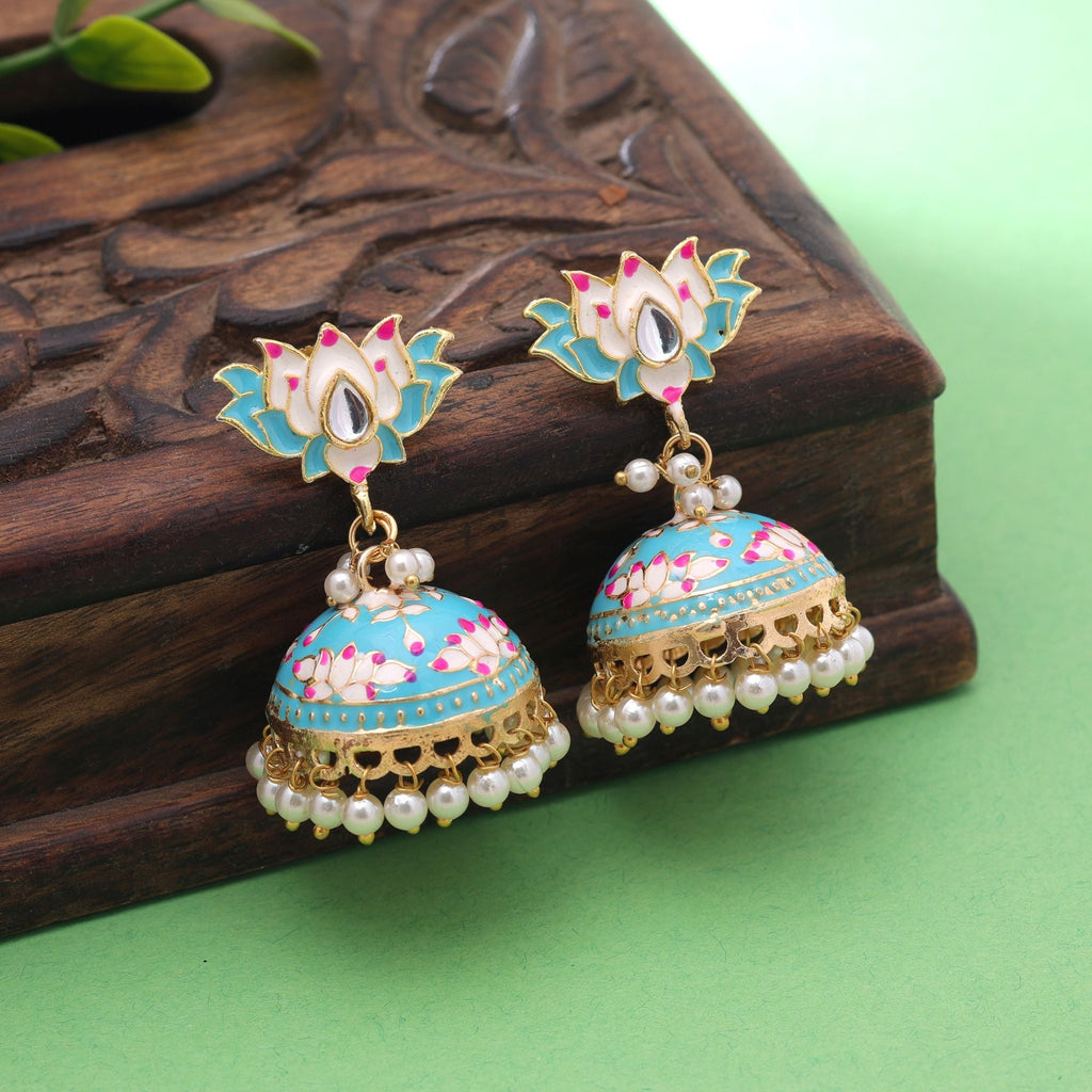 Firozi Color Meenakari Earrings Traditional Pattern