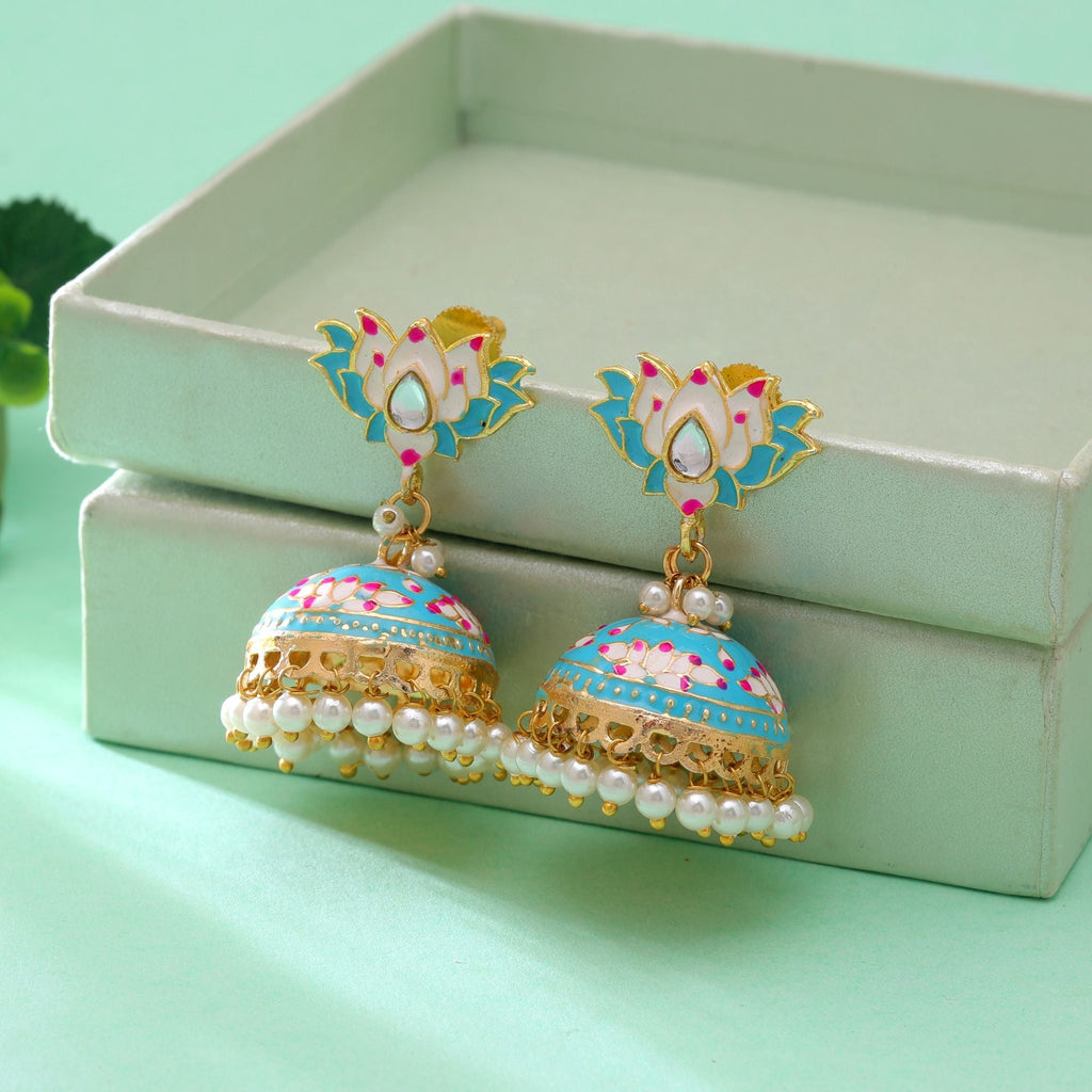 Firozi Color Meenakari Earrings Traditional Pattern