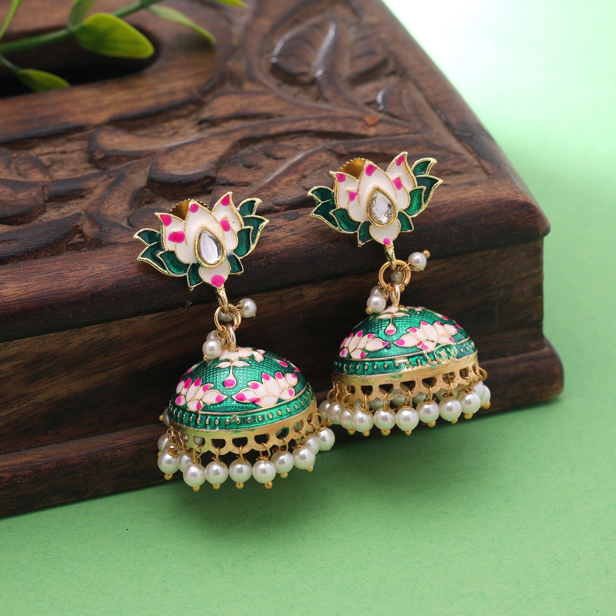Green Color Meenakari Earrings Colorful Design