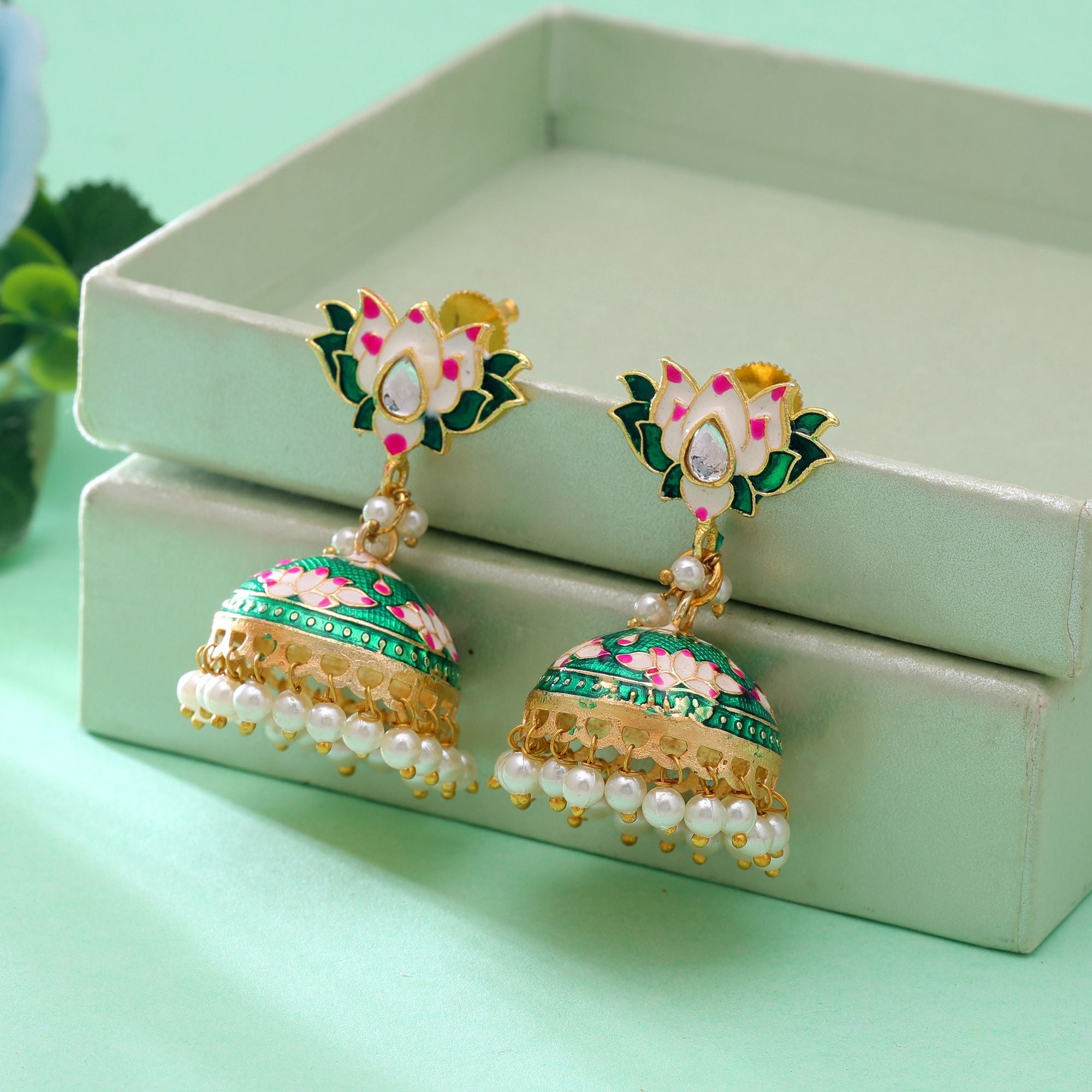 Green Color Meenakari Earrings Colorful Design