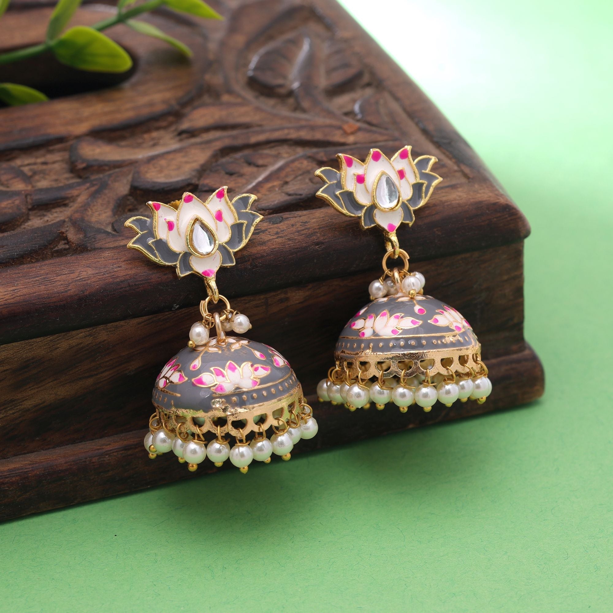 Grey Color Meenakari Earrings Traditional Look